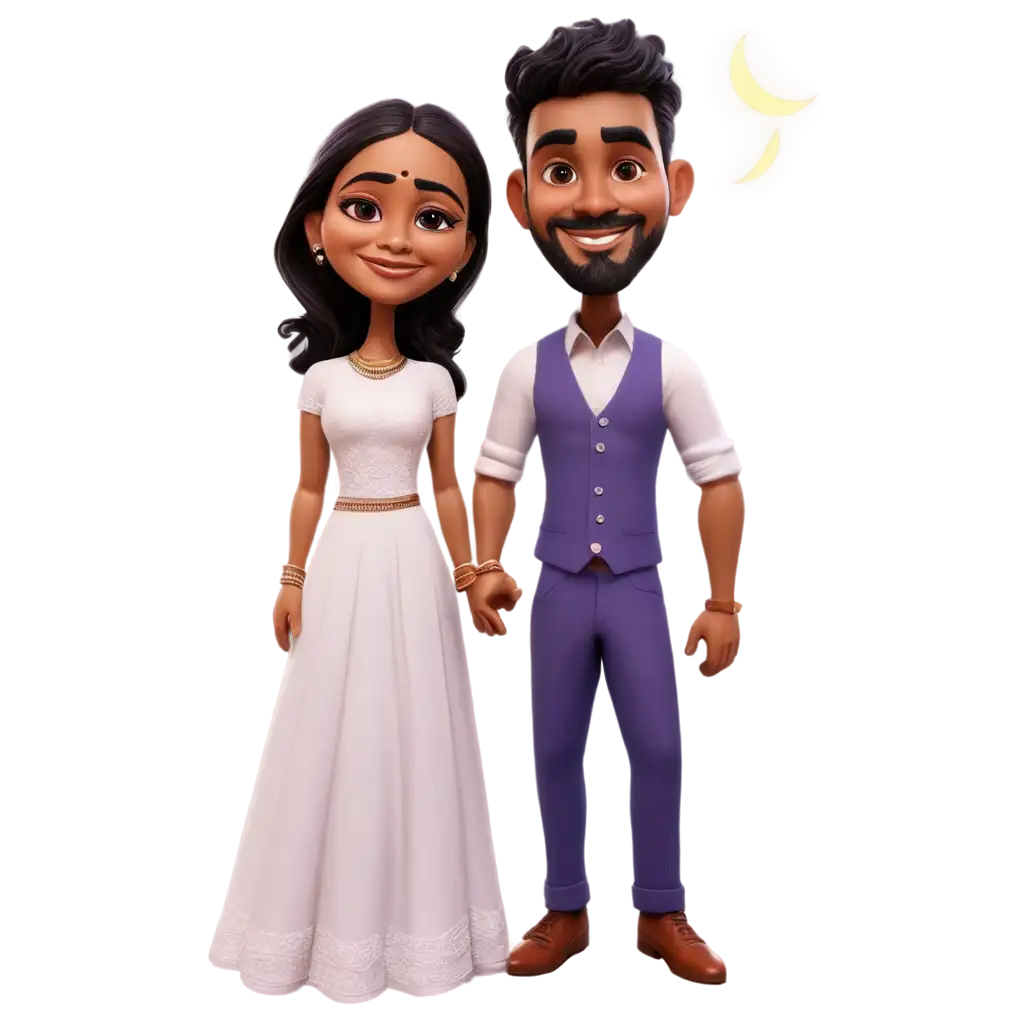 South-Indian-Wedding-Caricature-PNG-of-Bride-in-Lavender-Lehenga-and-Groom-in-White-Shirt-Vest-Under-Moonlight