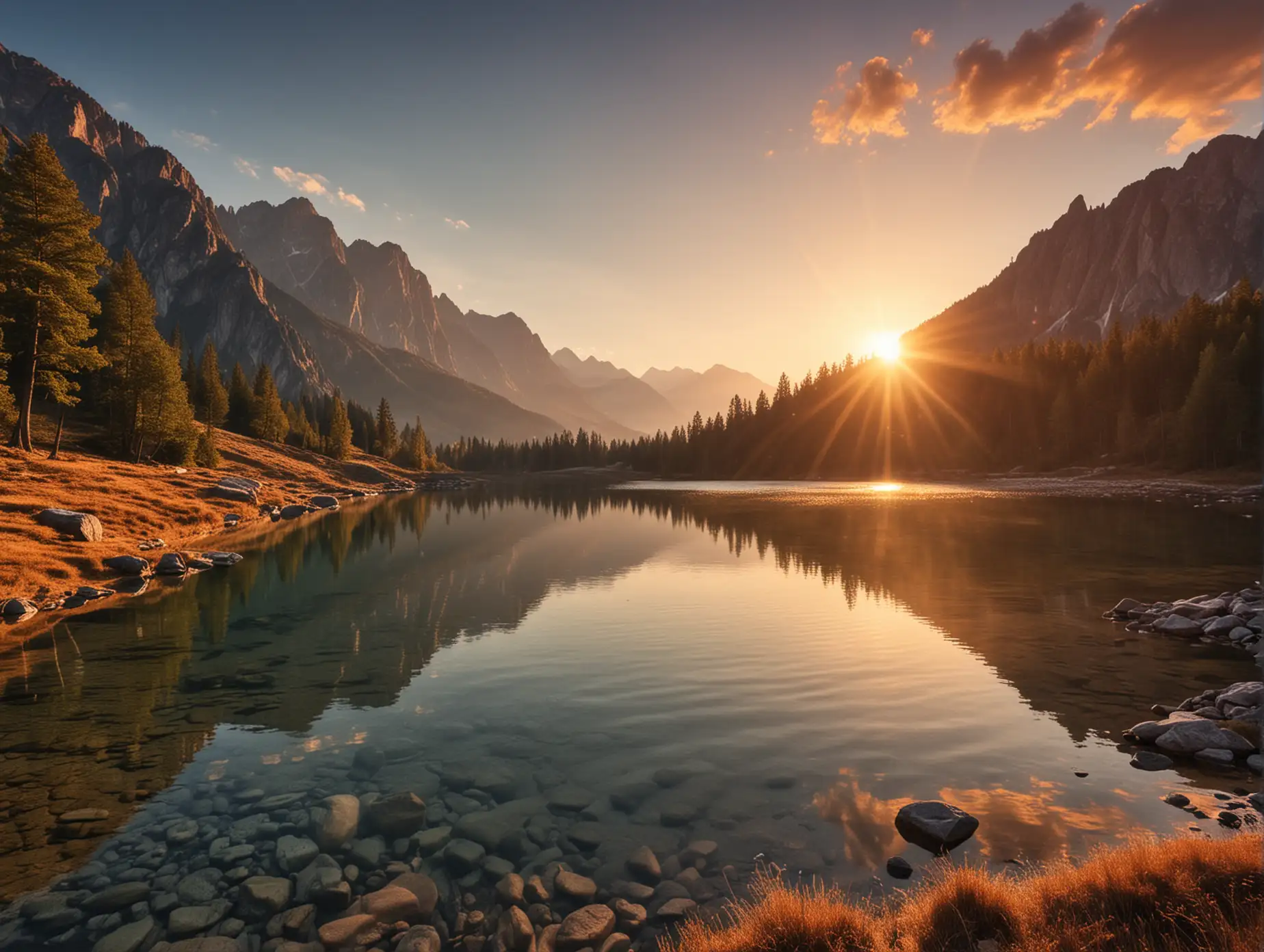 Sunset-Over-Lake-Surrounded-by-Mountains-and-Forest