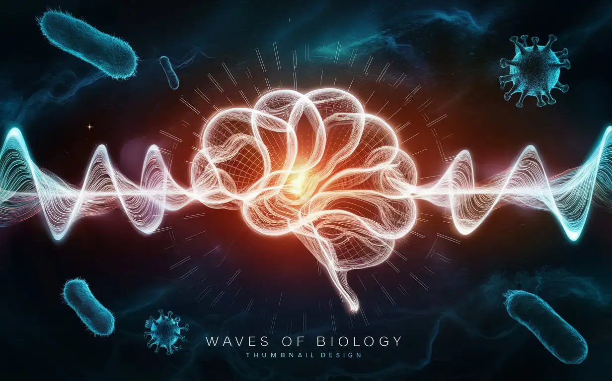 Prompt: Design a thumbnail image with the name 'Waves of Biology.' The image should feature DNA strands swirling around a glowing, futuristic brain, with energy waves radiating outward. Include microscopic bacteria and viruses floating in the background, set against a dark, cosmic backdrop