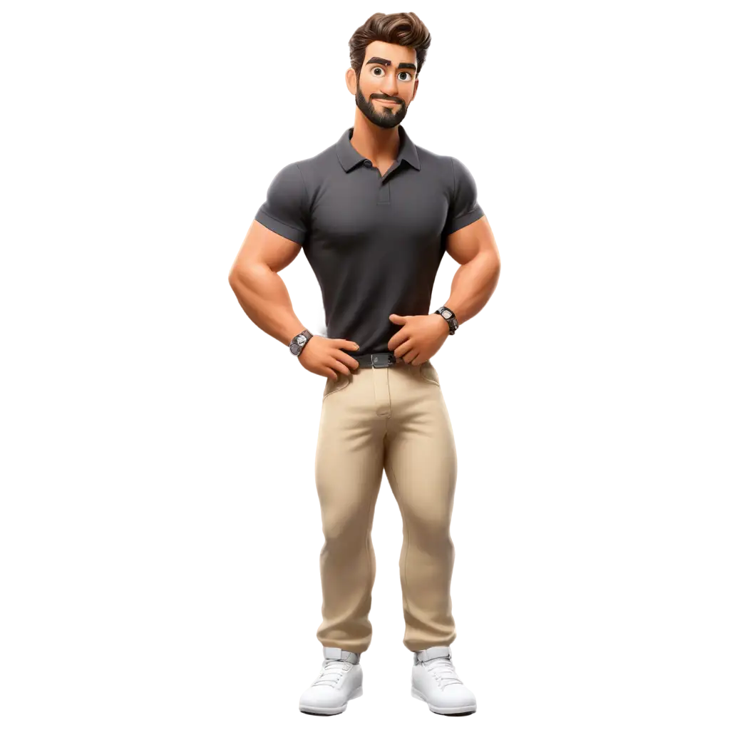 Cartoon-Bodybuilder-in-Polo-Shirt-PNG-Standing-and-Styling-Himself