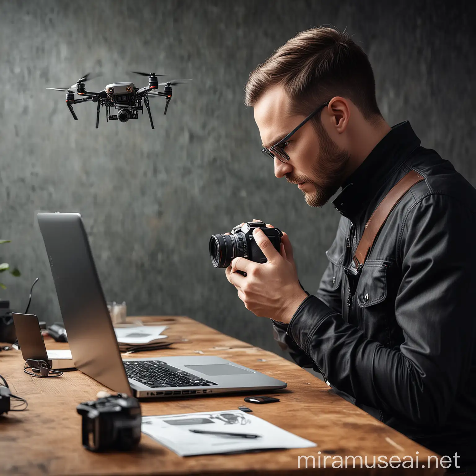 Professional Photographer Using Mirrorless Camera with Drone and Editing Software