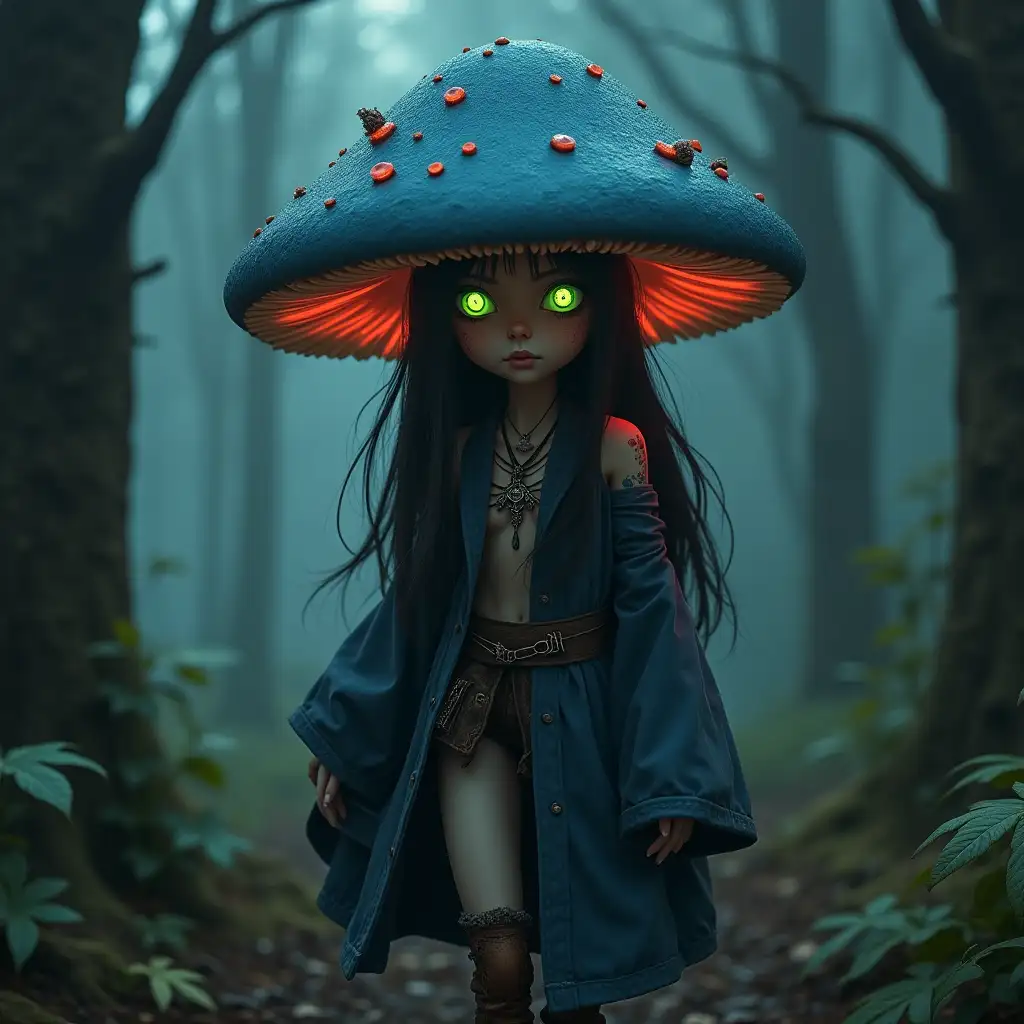 Mushroom girl Jedi with a Navy blue Mushroom cap, glowing green eyes, and Glowing red veins, walks through the rotting woods