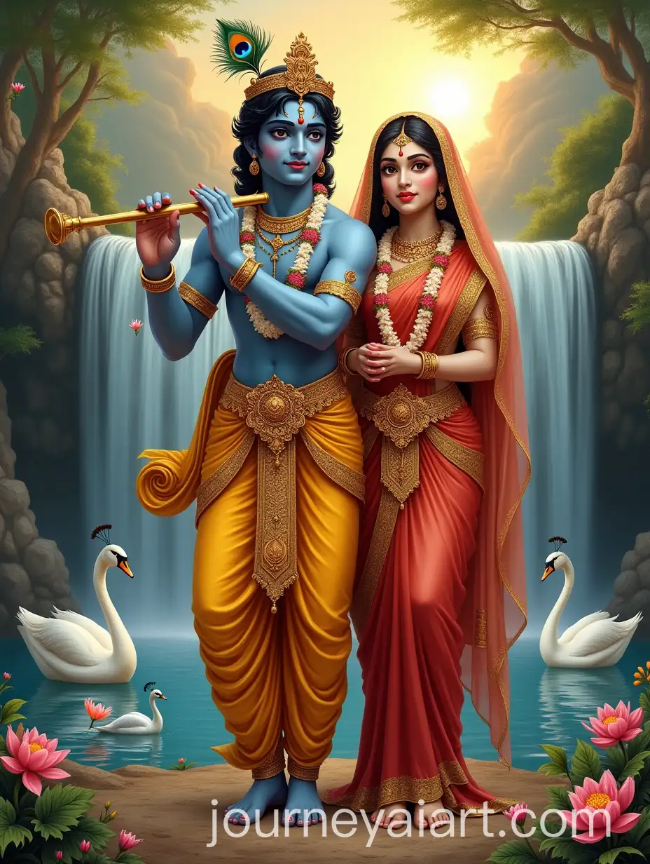 Radha-and-Krishna-in-Divine-Harmony-with-Waterfall-and-Peacock