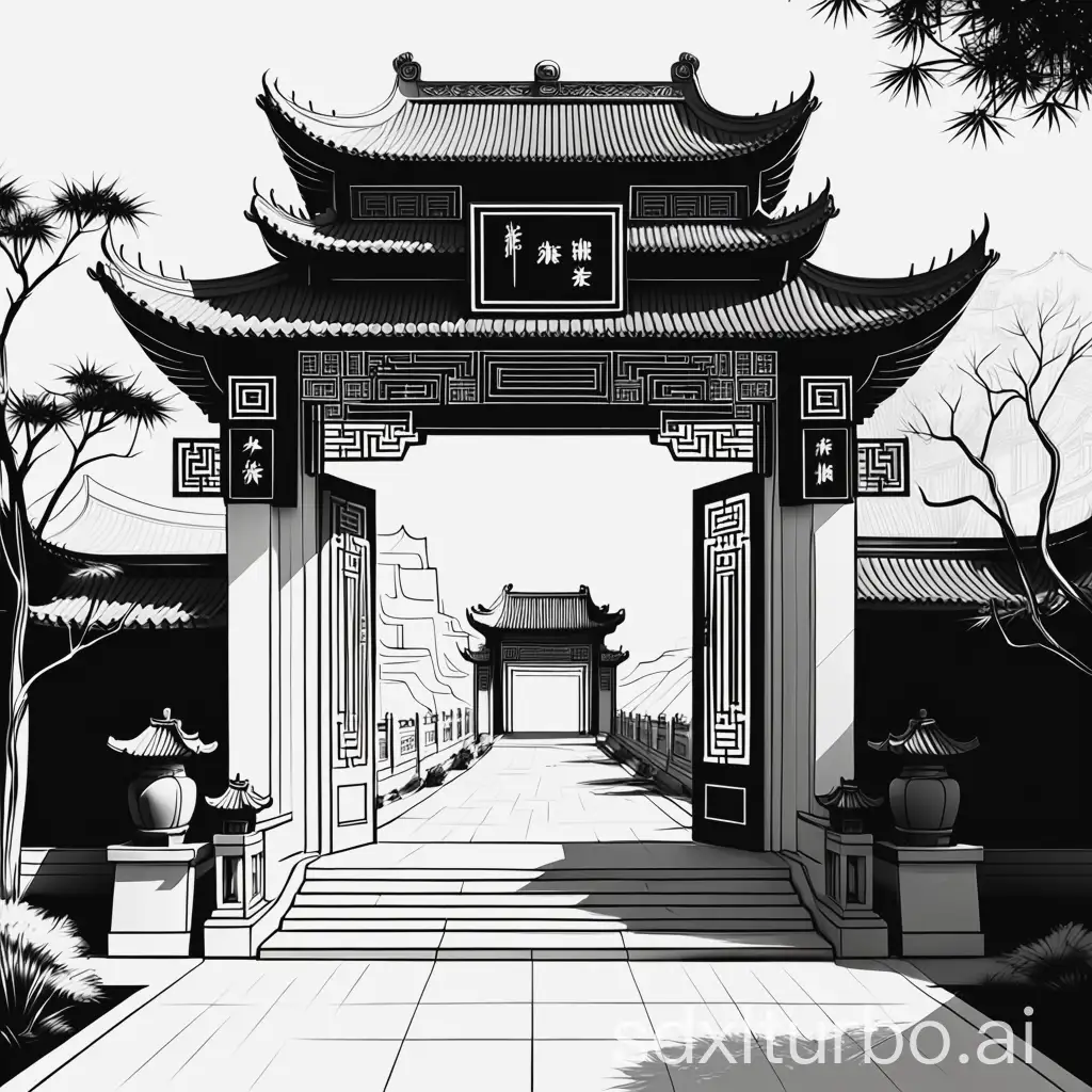 Chinese architectural entrance, black and white line drawing, white-line sketch, line drawing