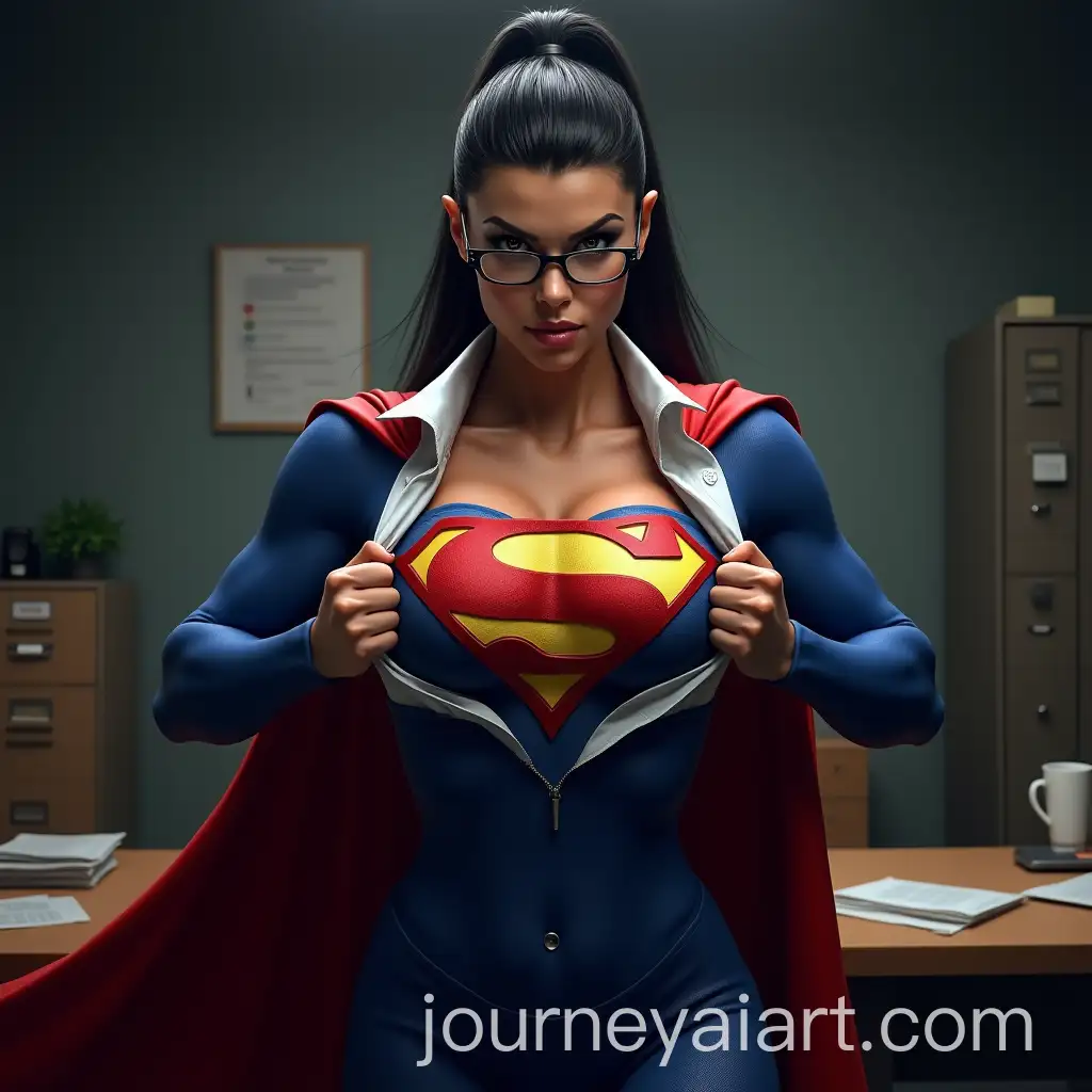 Muscular-Superhero-Woman-in-Skintight-Suit-Revealing-Heroic-Identity-in-Office