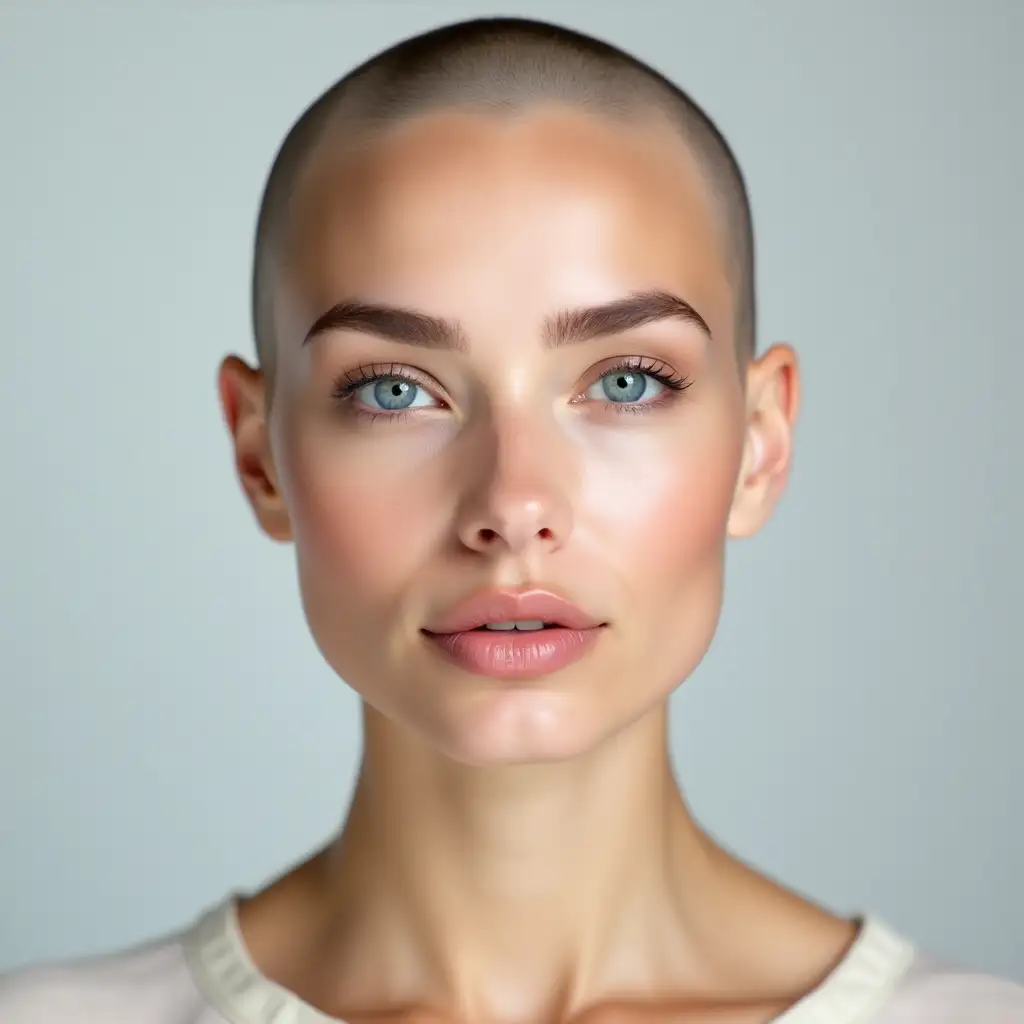 A professional, high-quality ID photo of a 25-year-old elegant Caucasian race woman with a round face and harmonious, soft, attractive features. Bald head, no hair, her facial features are fully visible, her facial features are fully visible. She has striking blue eyes, a small, slightly Asian-shaped nose, and naturally plump lips. Her facial features embody perfect symmetry, reflecting the golden ratio. Her skin has a velvety soft, clean, and smooth texture with visible pores, giving her face a realistic and lifelike appearance. The subject's face is perfectly elongated and aligned with the camera, without any tilting or turning. Her head and eyes are facing directly forward, maintaining a neutral expression. The photo is taken in a standard ID card format, showing only the upper part of her body in a central composition. Soft, even frontal lighting is used to enhance clarity and detail, with a neutral light background that emphasizes the sharpness and precision of the image. IMG_1018.CR2