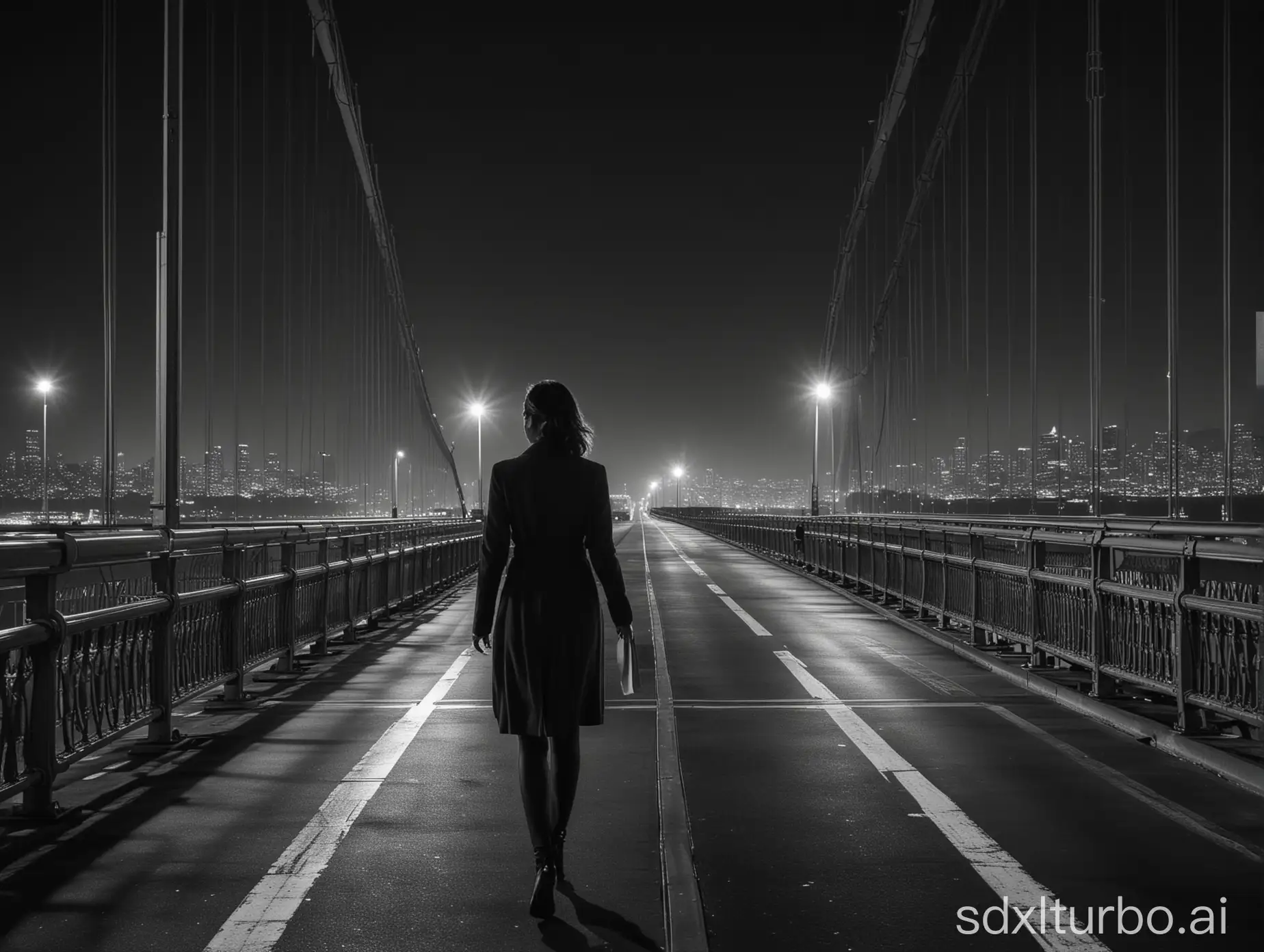 a lonely woman crossing san francico bridge at night, high contrast black and white photoc, masterpiece, drmatic lighting, goggy atmosphere