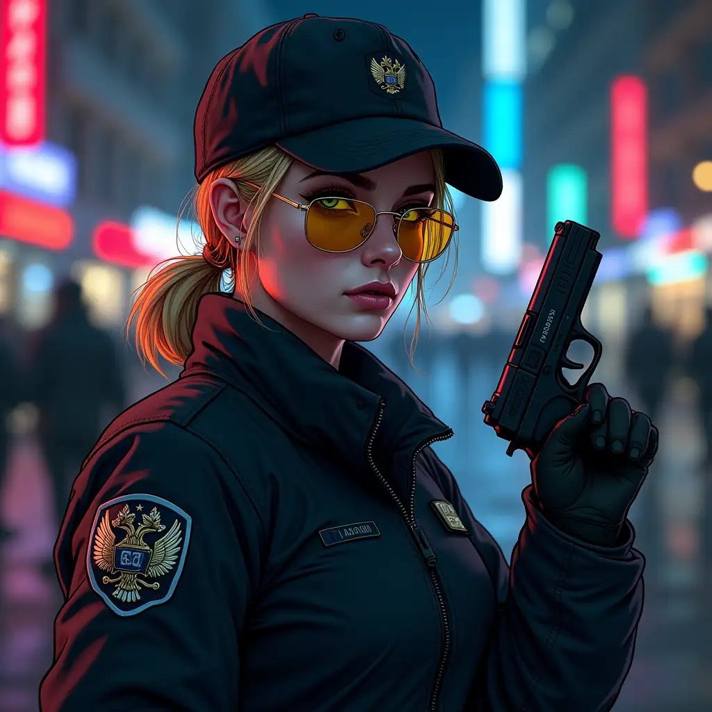 Policewoman holding a pistol, night cyberpunk Petersburg, European, Slavic, Russian policewoman, young woman in full height, blonde, short hair, ponytail hair, without makeup, dry lips, police ball cap, wearing gold sunglasses, long eyebrows, serious woman, green eyes, police cyberpunk jacket, Russian police coat of arms on the sleeve of the police jacket, cyberpunk, neon lights, pictorial illustration style, realism, cinematic light, 8K