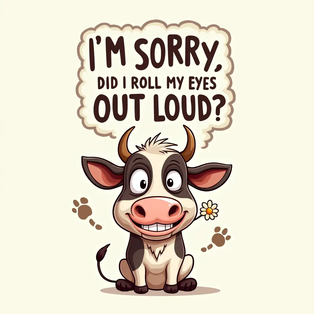 caricature style. Create a humorous graphic featuring a cartoon cow with exaggerated, rolling eyes and a mischievous grin. The cow should be holding a daisy in its mouth. The text 'I'M SORRY, DID I ROLL MY EYES OUT LOUD?' should be prominently displayed in bold, contrasting fonts. The background should be a light, neutral color with a subtle texture, like linen. Consider adding other humorous elements, such as speech bubbles or other animals, to enhance the visual appeal. The overall style should be playful and lighthearted, with a touch of irony.