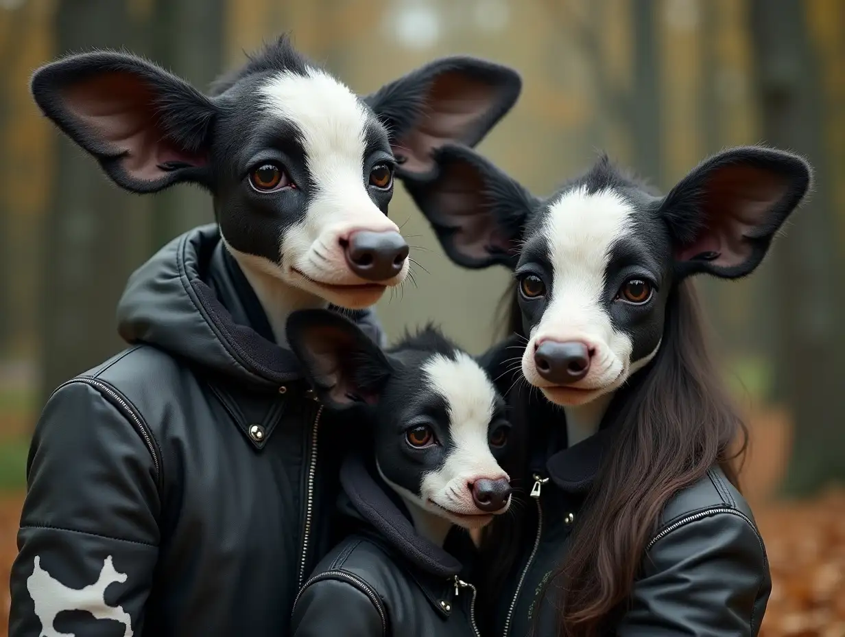 AI-fantasy family, man, woman, and children, with ears and giant FRETTCHEN face with and black and white leather coat, cow pattern in 4k