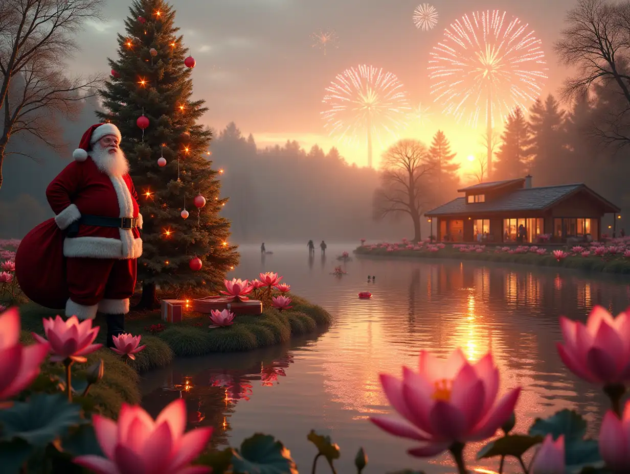 in the foreground is a life-size Christmas tree in the frame from the base of the tree to the top of the tree, and next to the tree stands a cheerful and smiling Santa Claus with a bag of gifts, and behind there is a view of a large pond with pink lilies, and on the other side of the pond with large pink lilies, children and other people are walking and playing by the water on the shore, on the other shore there is also a simple wooden gazebo and a chalet house with panoramic windows in all walls from floor to roof, that is, each wall is a panoramic window., Everything else around the pond is made in a minimalist landscape design, houses and trees are decorated with bright garlands of lights, sunset and lots of sunset sunlight, there are a few flashes of large fireworks in the sky, the foreground is in focus, and the background is blurred.