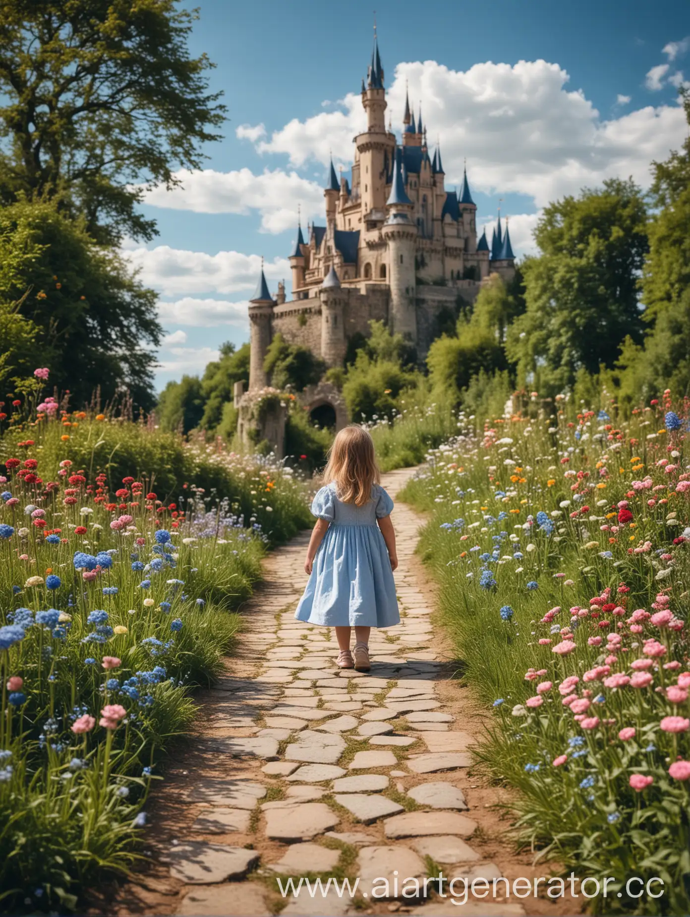 Little-Girl-Walking-Towards-a-Magical-Castle-Surrounded-by-Flowers