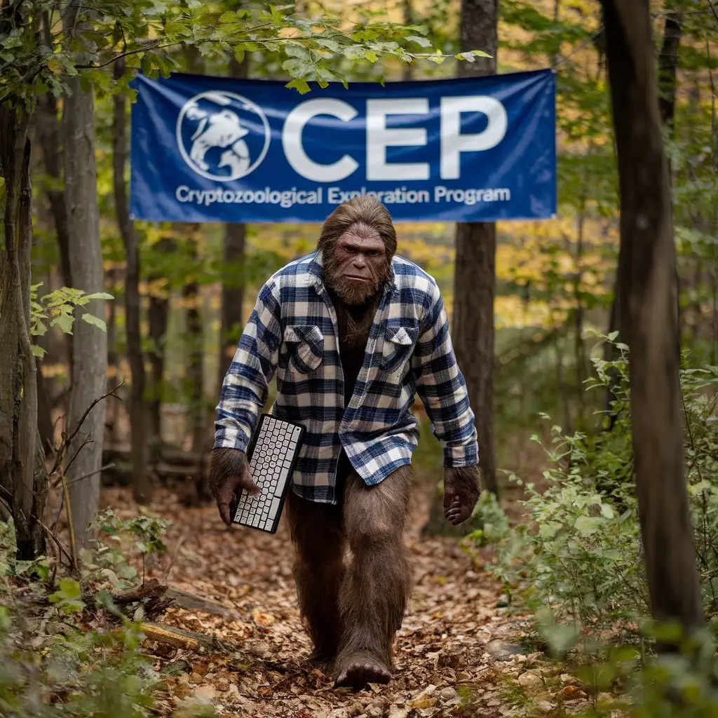 Bigfoot wearing a plaid flannel shirt, carrying a computer keyboard, walking through a forest with a banner 'CEP: Cryptozoological Exploration Program'