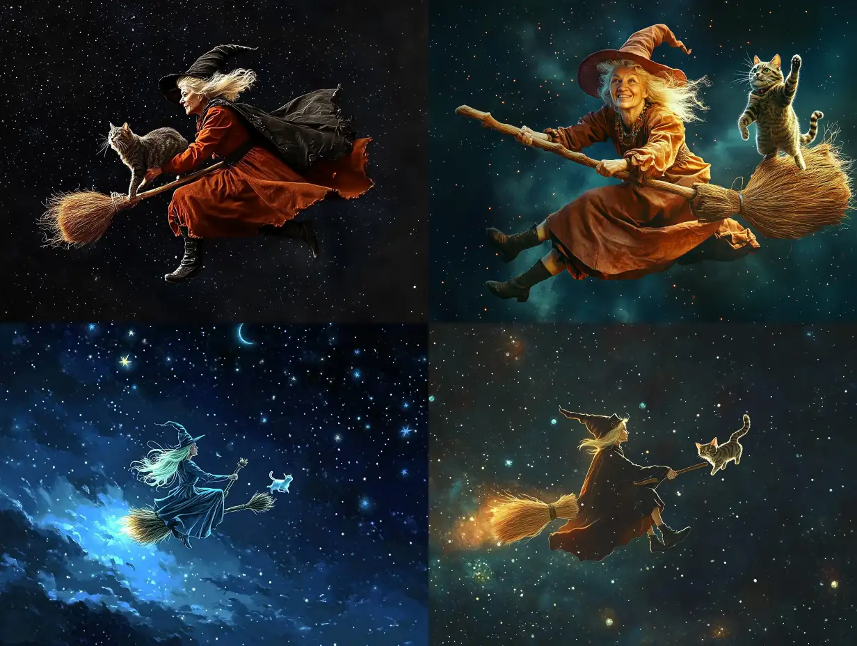 Old-Blonde-Witch-and-Cat-Flying-on-a-Magic-Broom-in-a-Starry-Night-Sky