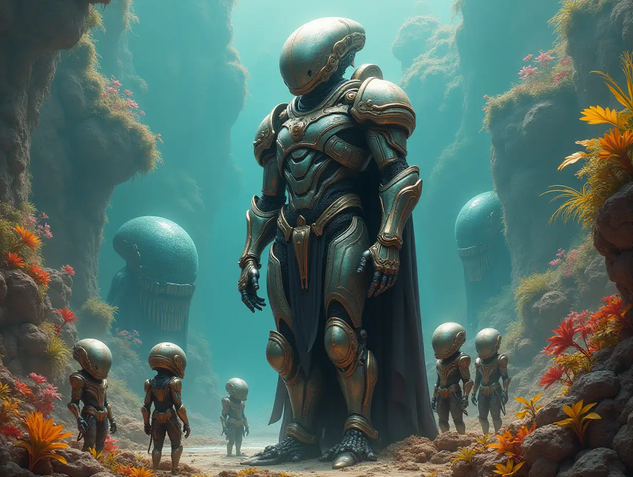 Hyperrealistic portrait of a armored metal alien king, 15 meters tall, with various small aliens and the intricately detailed, colorful water planet with plant background