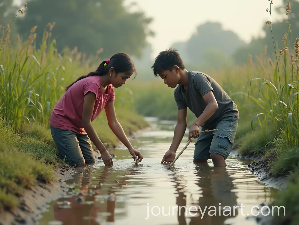Young-Couple-Working-Together-at-a-Village-Pond