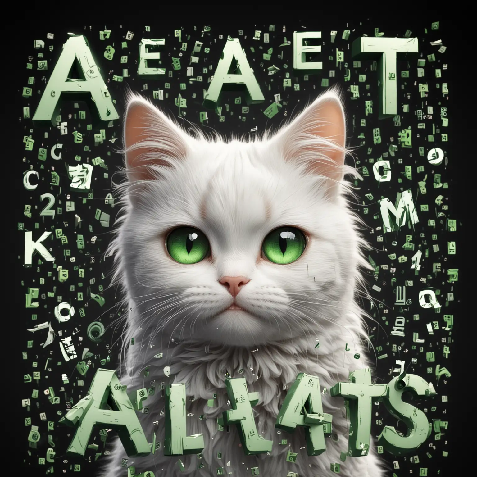 cute white cat, odd eye, green alfabets and numbers are falling behind cat, a letter falls and on the head of cat, Green letters falling on a black background like in the picture, One letter hits the cat's head and bounces off, MANGA