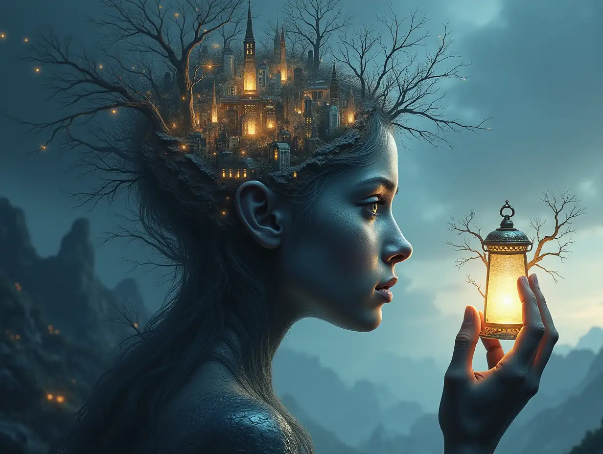 Creating a digital painting of a face with hair turning into buildings with silver stones and illuminated trees with large branch hand and lantern and alien creatures on a mountain