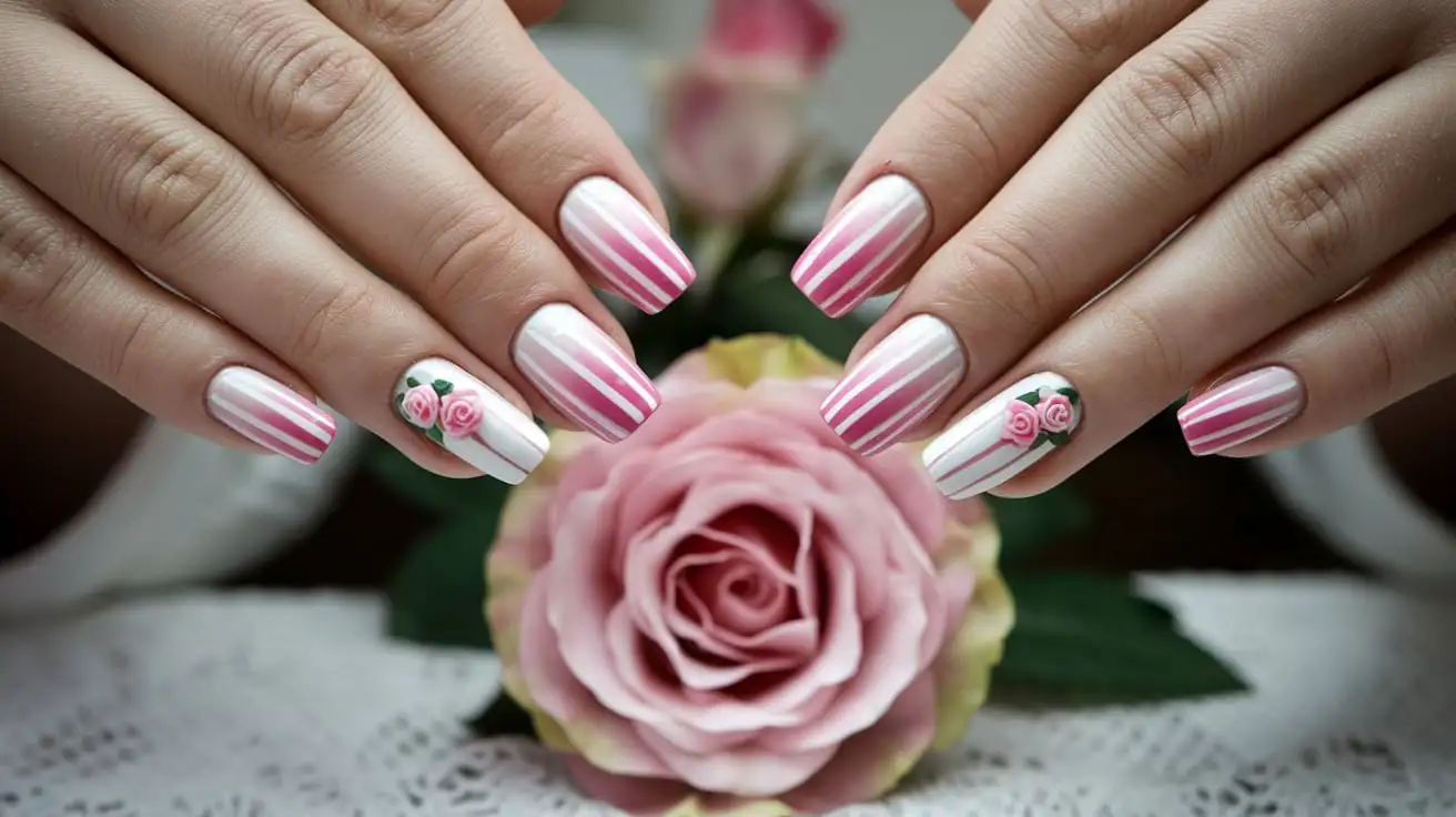 White pink ombre nails with roses