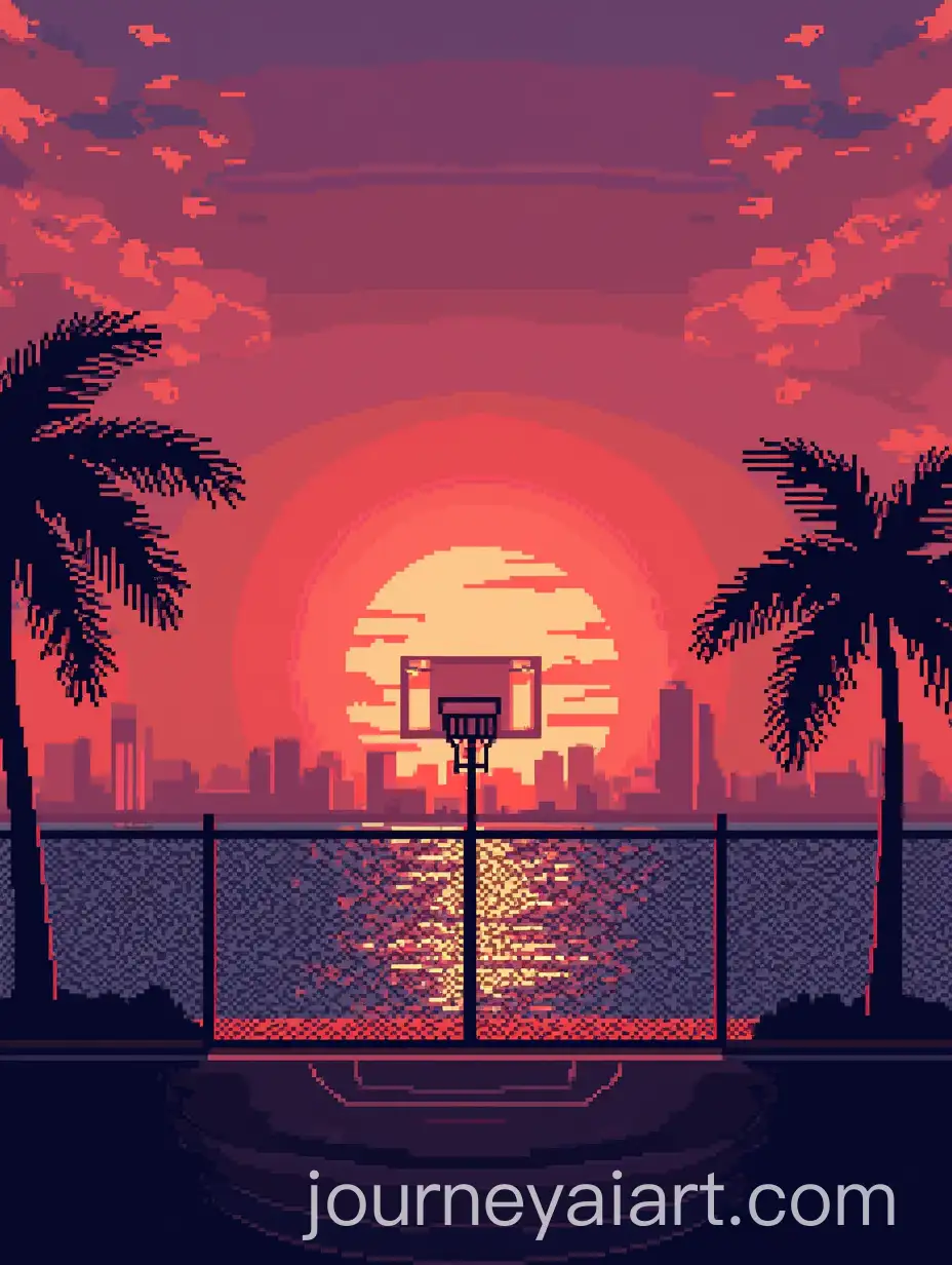 8bit-Pixelated-Basketball-Game-in-Miami-at-Sunset-with-Fence