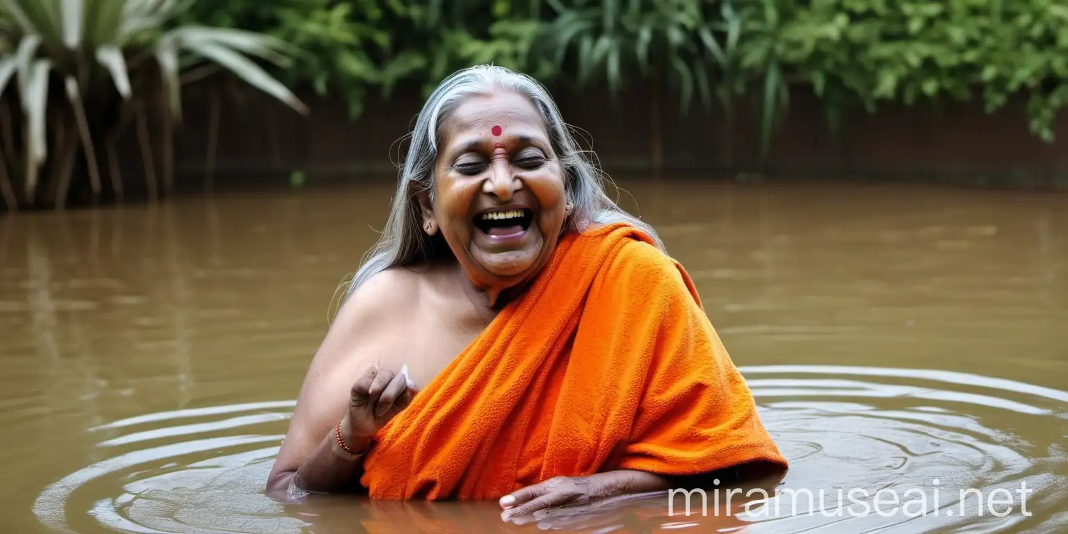 Elderly Hindu Monk Woman Laughing Joyfully in Morning Pond