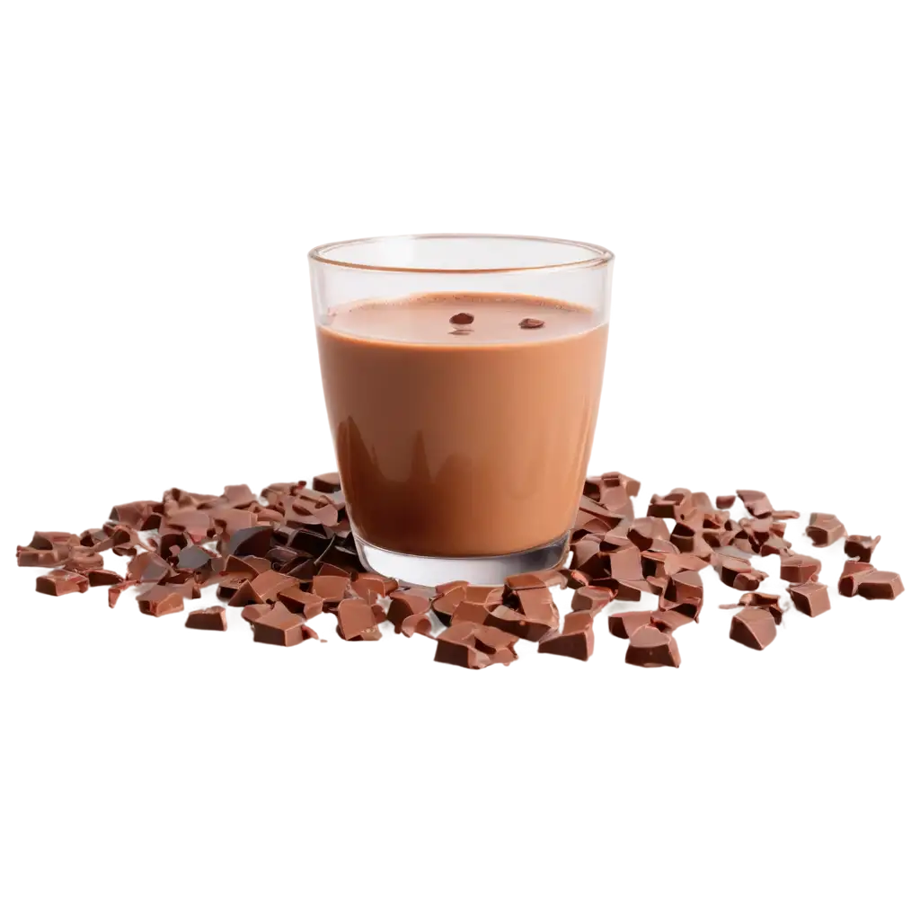 Showing a glass tumbler filled with creamy milk chocolate, mid splash in slow motion style with scattered chocolate chips and drop
