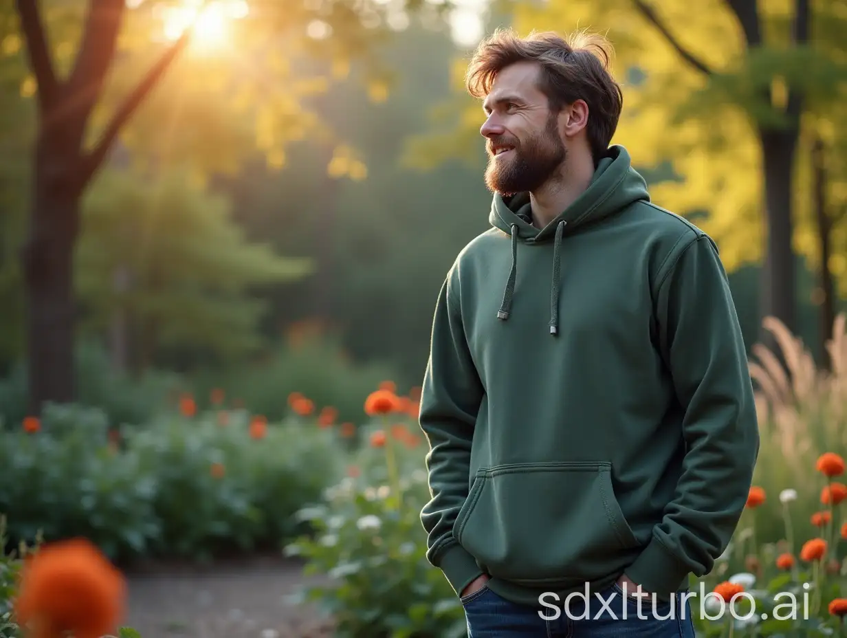 Hoodie mockup template design for social media poster and banner with man in garden