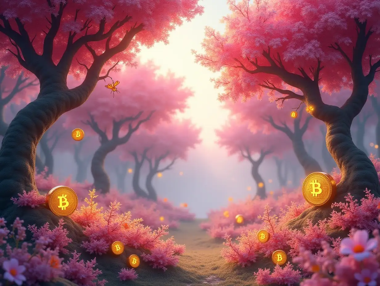 Create an enchanting and surreal landscape titled 'Cryptocurrency Forest.' The scene should depict a magical forest filled with vibrant trees and foliage in soft pink and glowing yellow hues. The trees should have unique, whimsical shapes, with their trunks twisting and curling elegantly. Their leaves should shimmer in various shades of pink and yellow, capturing the essence of a fantastical world. Scattered throughout the forest, integrate symbols of popular cryptocurrencies like Bitcoin, Ethereum, and others woven into the branches and foliage, making them appear as if they are a natural part of this mystical environment. The coins should be designed to blend harmoniously with the setting, reflecting the glowing colors of the forest. In the background, add a gentle haze or mist that enhances the dreamlike quality of the scene. Include soft light rays filtering through the tree canopy, creating dappled shadows on the forest floor, which should be covered with vibrant flowers in complementary colors. Additionally, introduce small, magical creatures, such as glowing butterflies or ethereal fairies, flitting through the trees, further enhancing the whimsical feel of the forest. The overall atmosphere should evoke a sense of wonder and tranquility, inviting viewers to step into this captivating world where nature and cryptocurrency intertwine seamlessly.