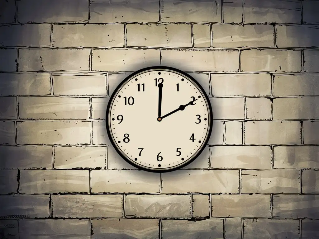 Comic Book Drawing of a Plain Circular Clock on a White Brick Wall