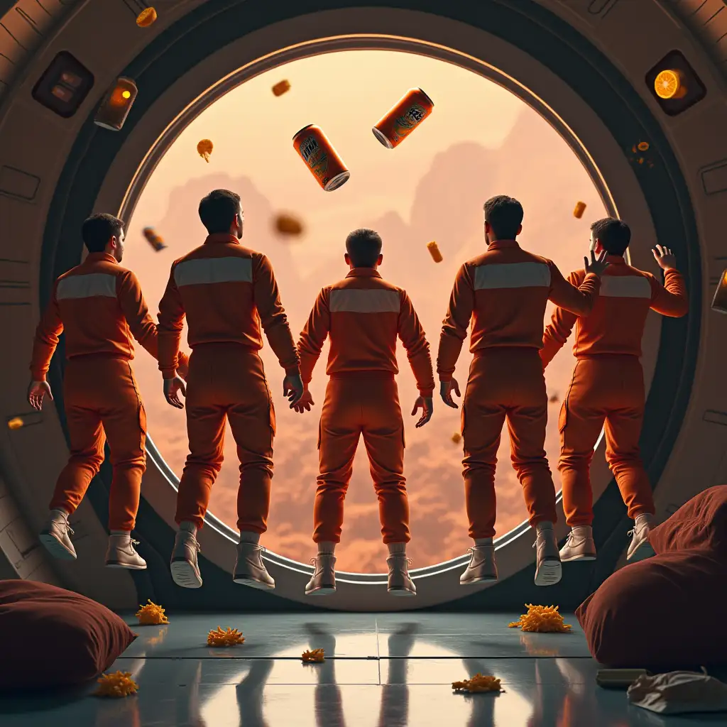 a group of men in tracksuits are floating in weightlessness in front of the porthole of a shuttle orbiting around Mars. In the room are floating beer cans and fries. photorealistic