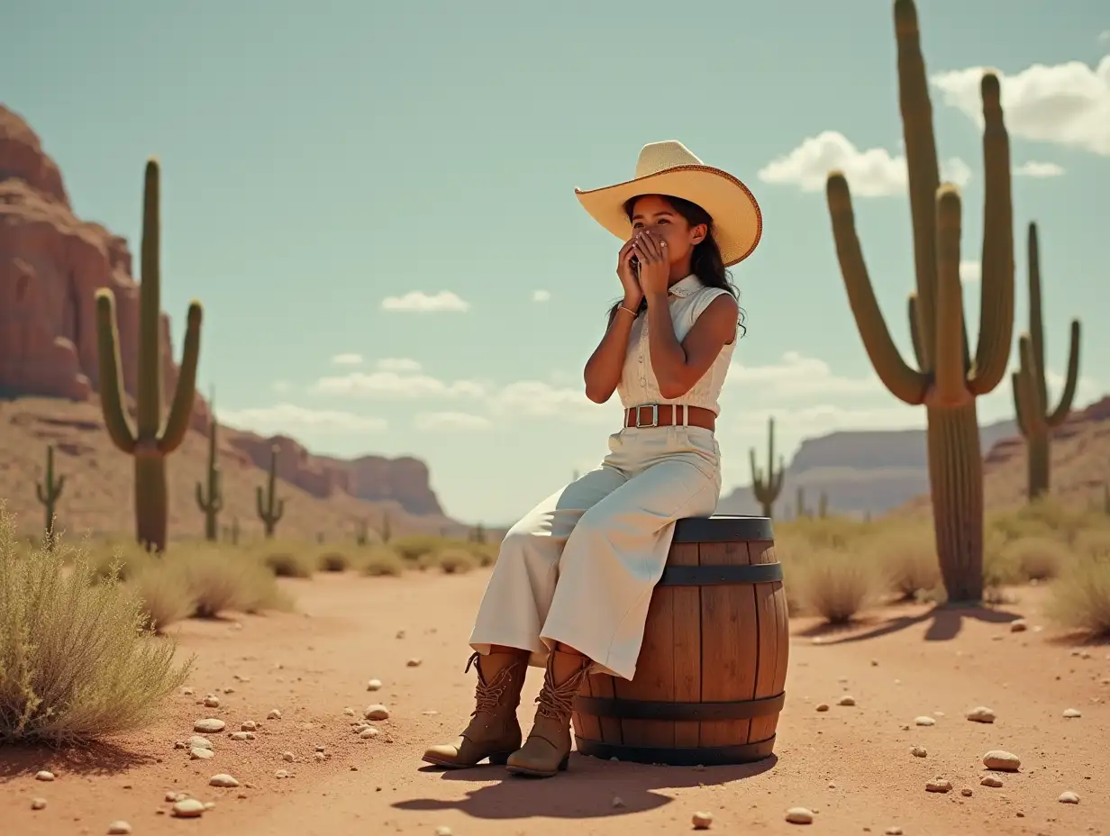 Cowgirl-Playing-Harmonica-on-Wooden-Barrel-in-Desert-Landscape