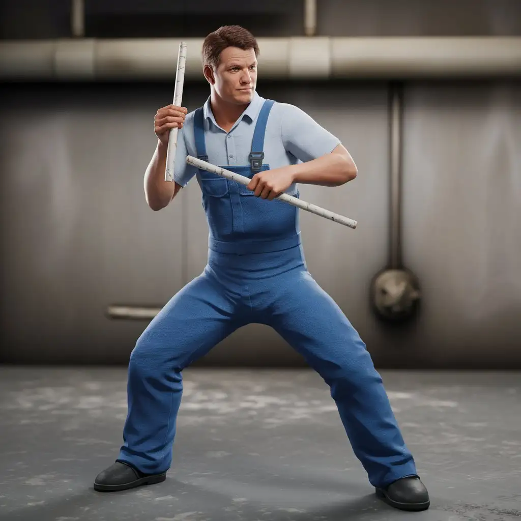 Plumber-in-Fighting-Pose-Holding-Two-Sticks-3D