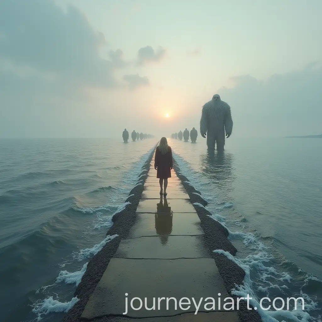Person-Walking-on-a-Path-by-the-Sea-with-Giants-and-Winged-Footprints-at-Sunset