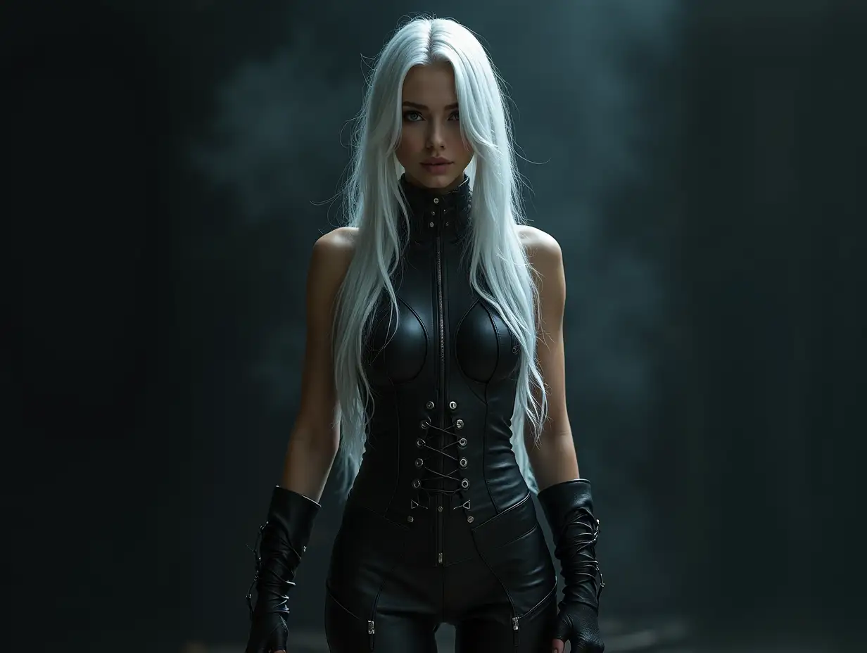 Depiction of a beautiful white woman with long mixed white-black hair in a futuristic style and laced boots, Blurry black background (120mm) shot poster