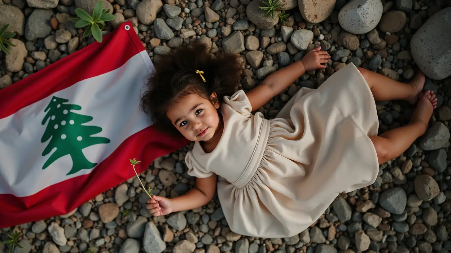 Young Lebanese Girl in Dress Amidst Rubble with Lebanese Flag