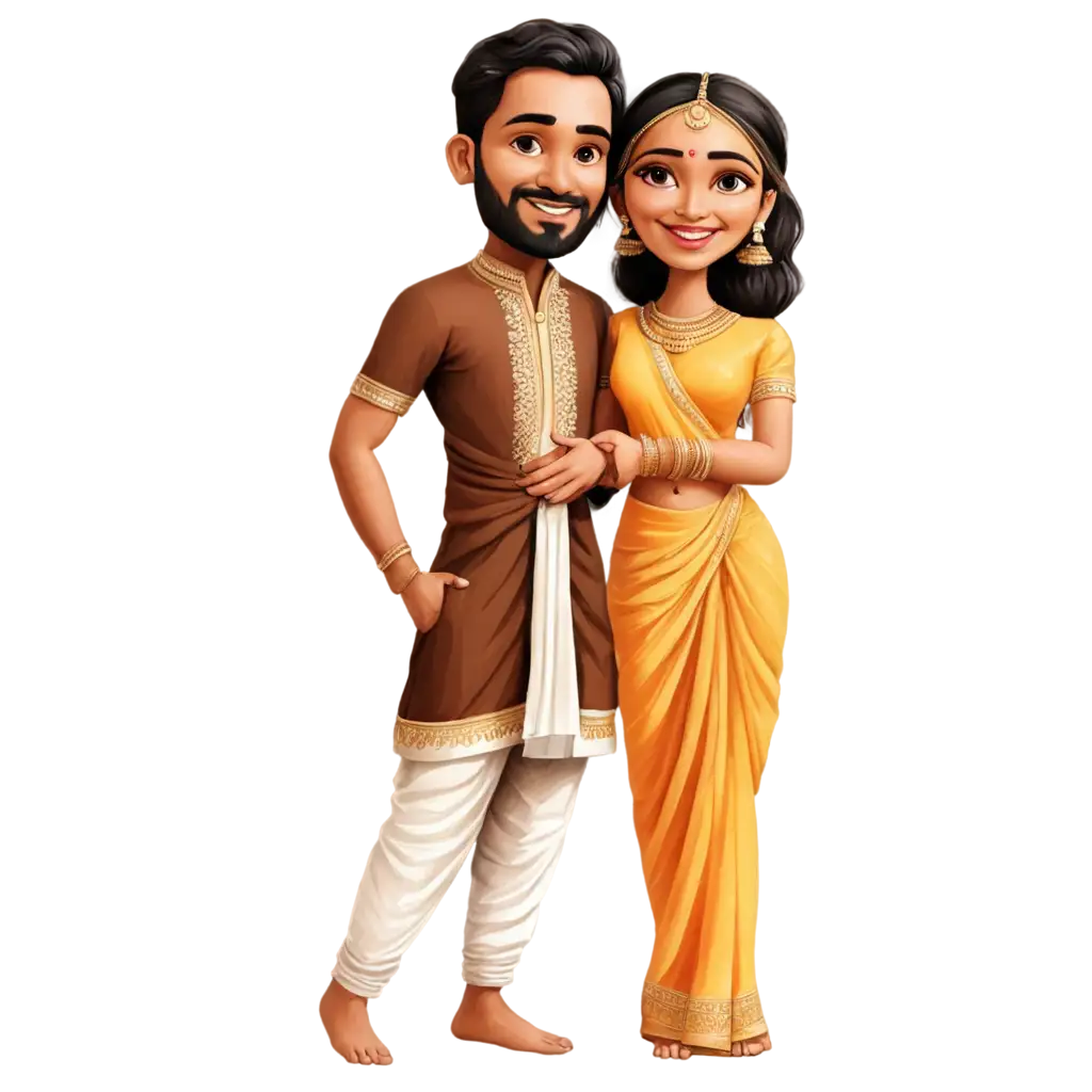 Tamil-Wedding-Couple-Caricature-PNG-Traditional-Saree-and-Dhoti