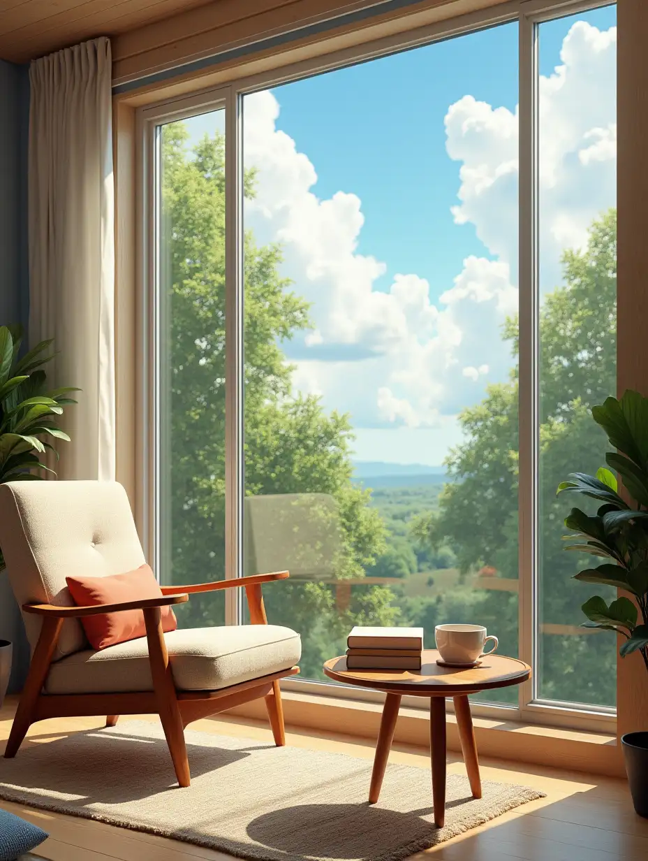 Chair in the living room, large window, aesthetic, bright vibes, trees, sky full of clouds, coffee table, books, cup of coffee, sunshine