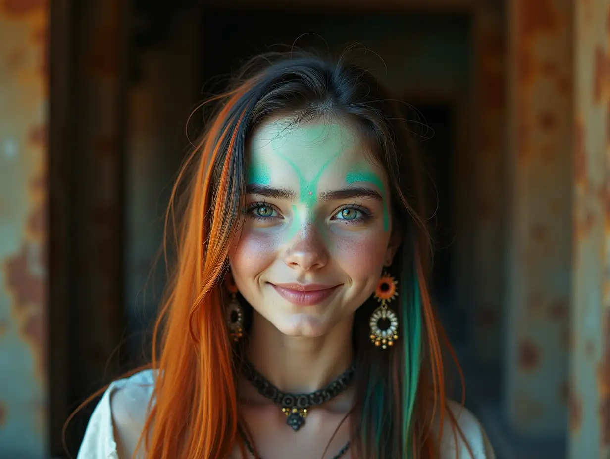 young black and white girl with alien face, with orange-green striped hair, with a light smile on her face, accentuating her smile, modern retro jewelry, in a temple with lots of rust and various shades 4k