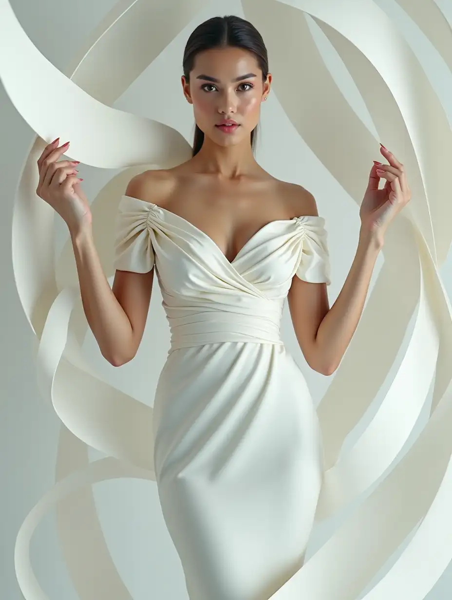 Elegant-Woman-in-White-Gown-Surrounded-by-Flowing-Ribbons