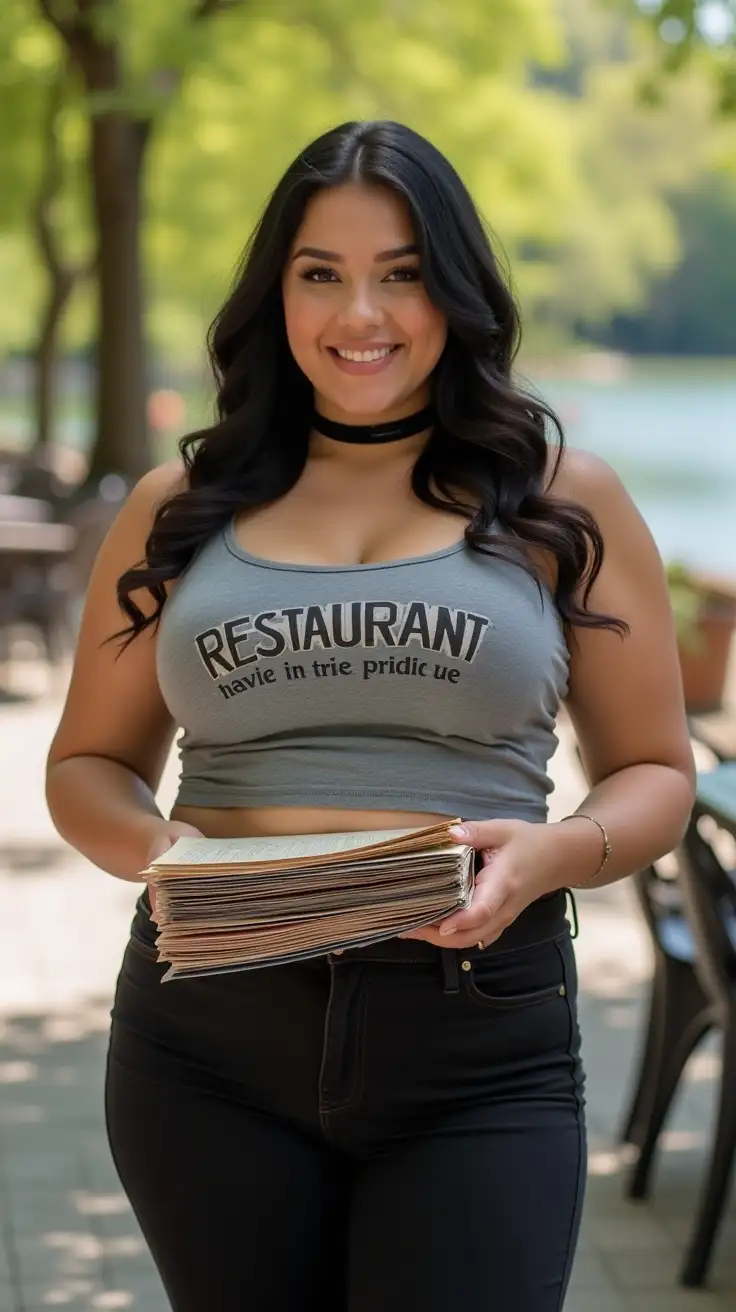 Confident-Curvy-Woman-Holding-Menus-in-City-Park-on-a-Spring-Day