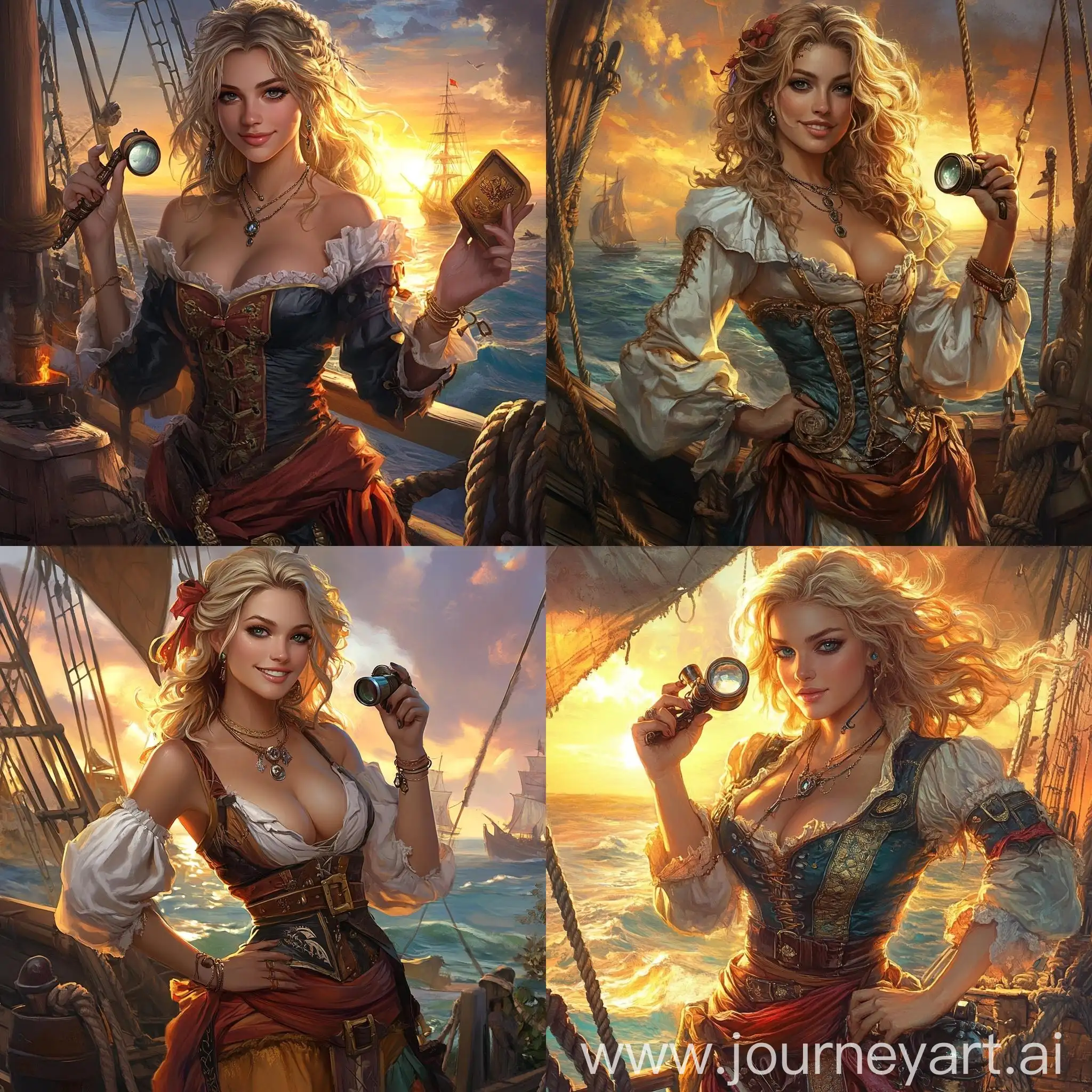 Proud-Pirate-Captain-Holding-Spyglass-and-Necklace-on-Ship-Deck-at-Sunset