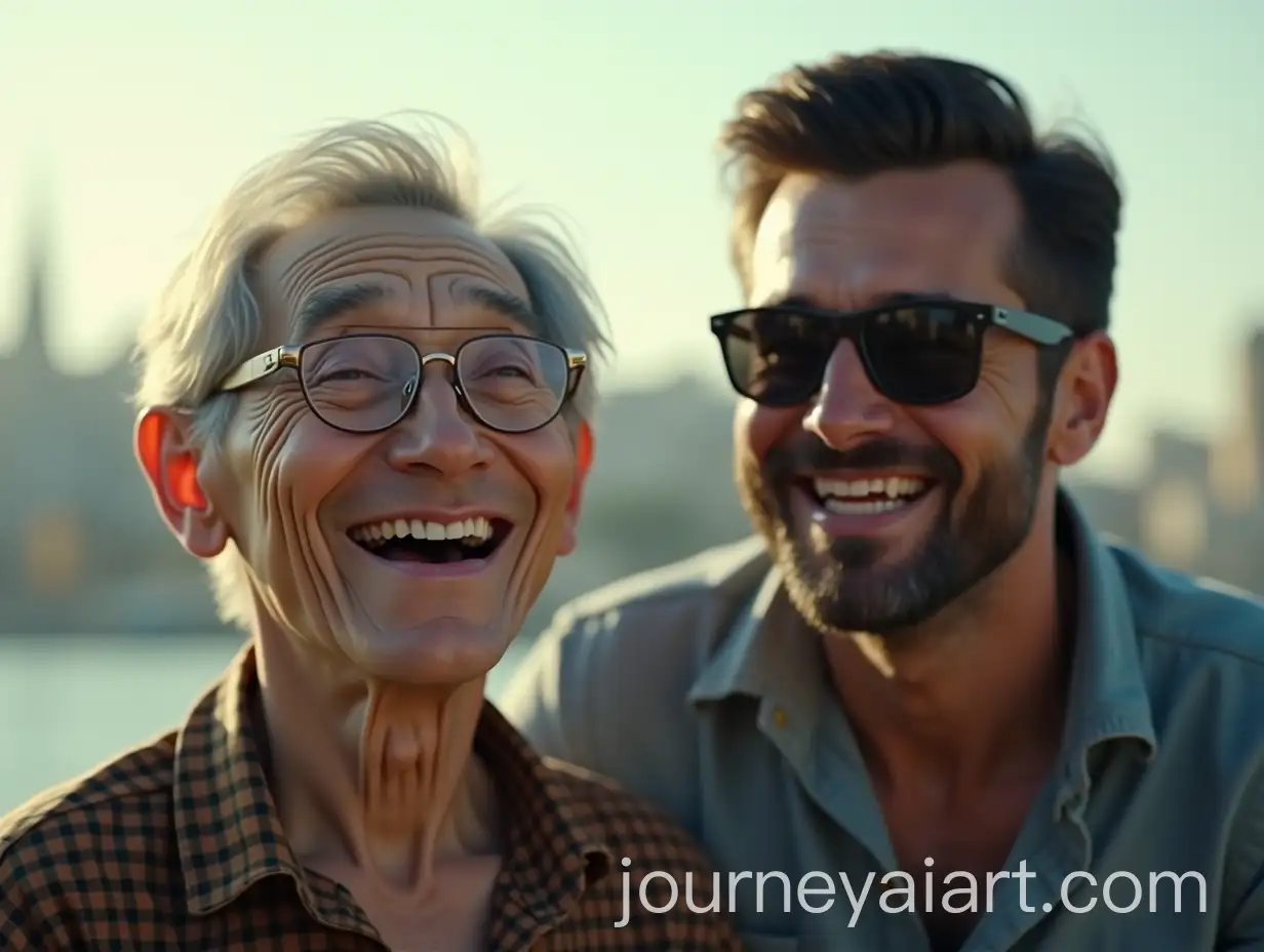 Joyful-Moment-Between-a-Vietnamese-Man-and-a-Younger-Bearded-Man-with-City-Background