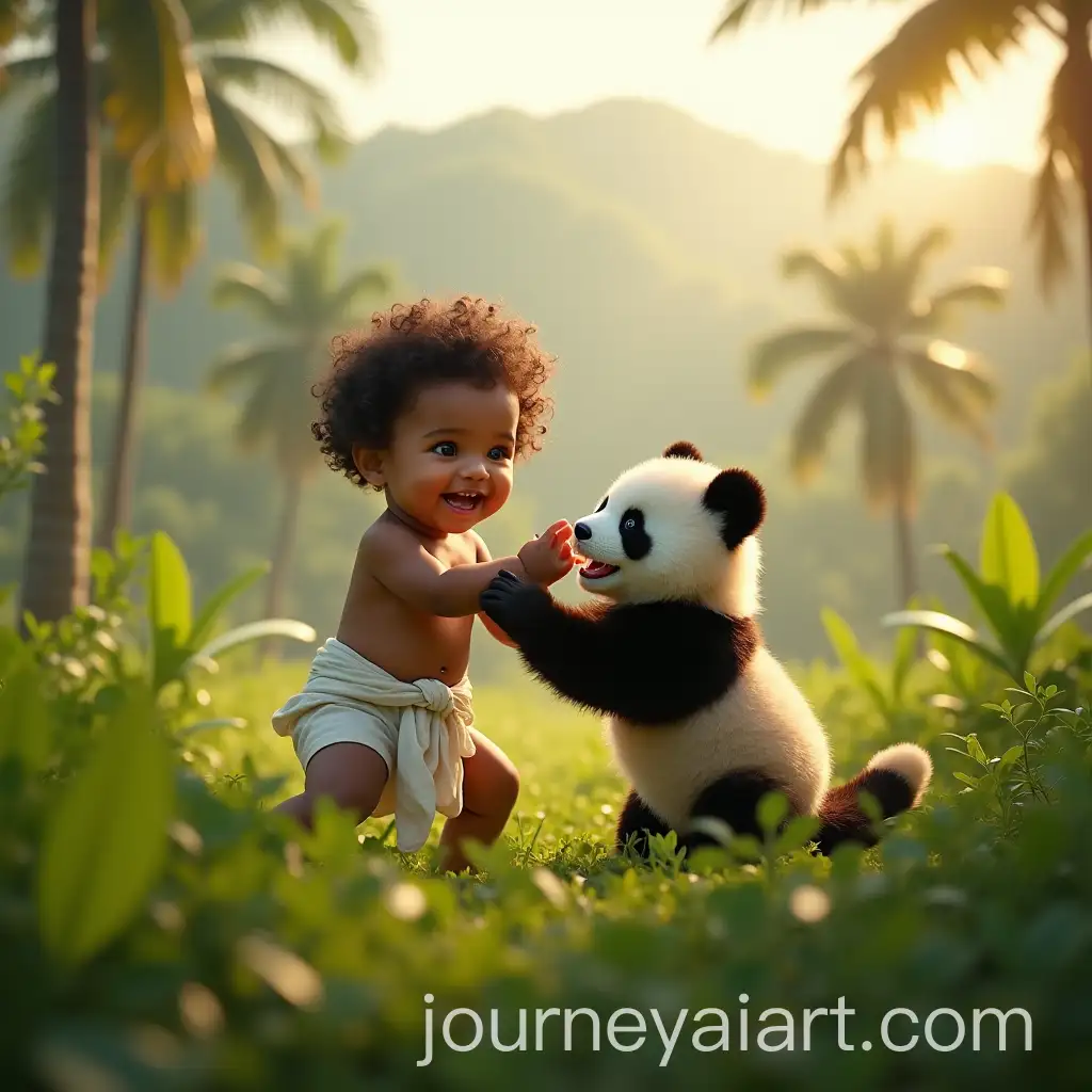 Playful-Baby-Wrestling-with-Baby-Panda-in-Lush-Kerala-Landscape