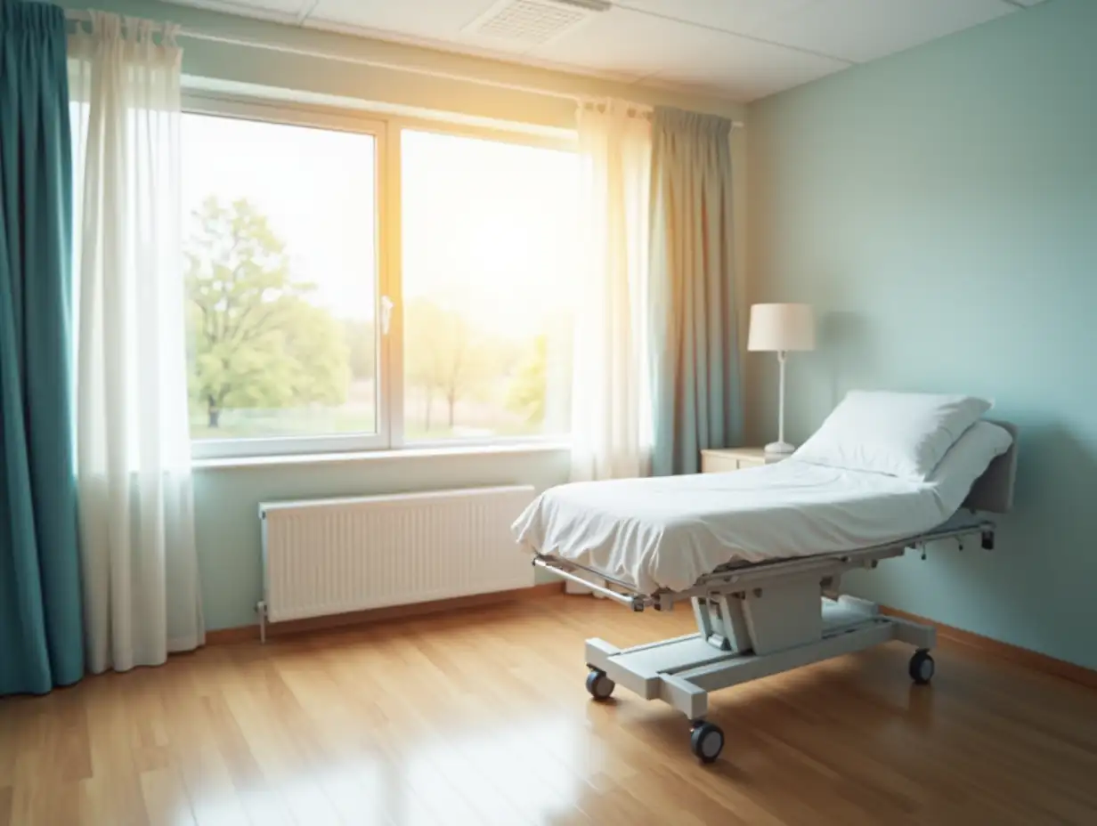 Clinic patient room, large window, curtains sunlit, a clinic bed and bedside table, light wooden flooring