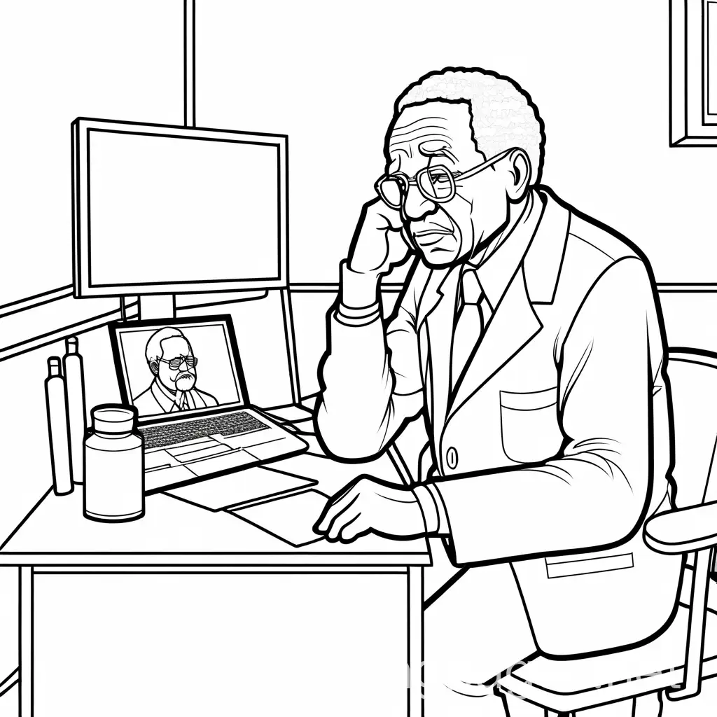 Elderly black man sad in doctors office, Coloring Page, black and white, line art, white background, Simplicity, Ample White Space. The background of the coloring page is plain white to make it easy for young children to color within the lines. The outlines of all the subjects are easy to distinguish, making it simple for kids to color without too much difficulty