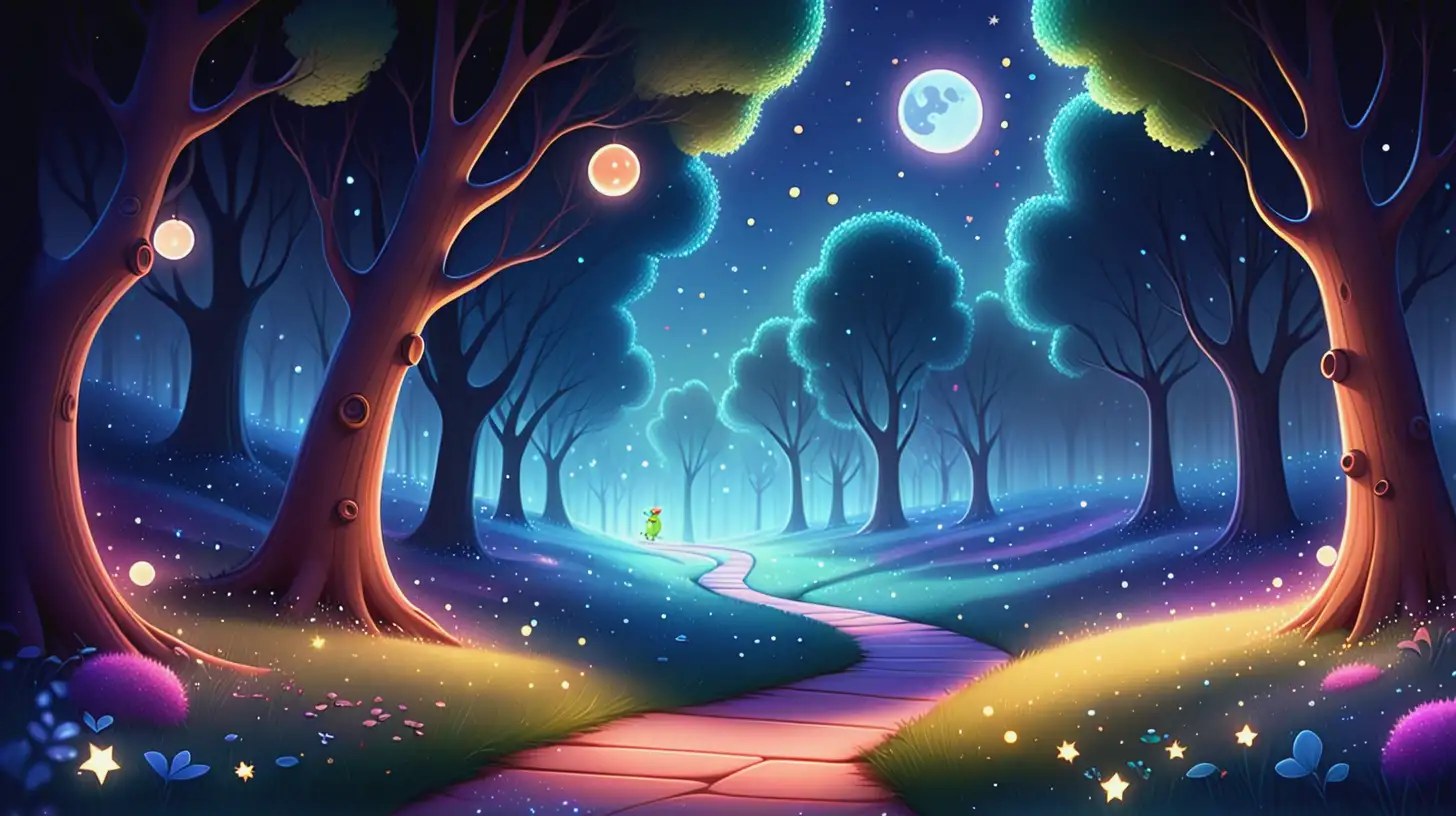 Der Sternenpfad: A mysterious path, bathed in starlight. Every time the Romies step on the ground, tiny light points like stars twinkle under their feet. The trees along the path bear crystals that glow softly in the gentle light of the moon and envelop the surroundings in a mystical glow. Cute cartoon illustration in the style of Pixar, with Disney character design, high resolution, high detail, digital art, Kawaii style. The glossy, soft lighting and vibrant, smooth gradients create a magical, playful atmosphere. High-resolution, detailed 2D digital art with a polished Disney-Pixar finish that radiates warmth and enchantment.