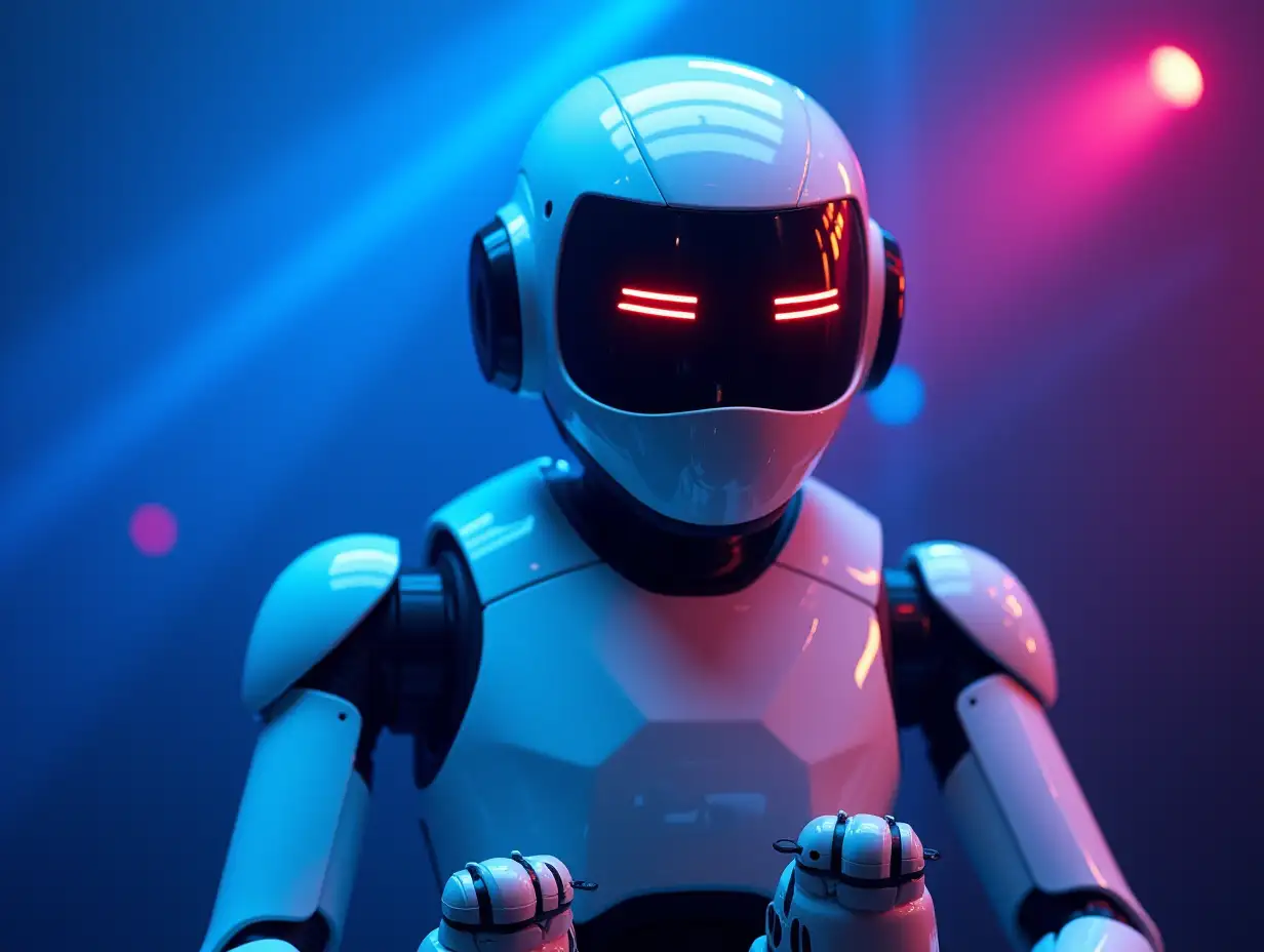 A hyper-realistic robot in glossy white with The robot is wearing a high-gloss white helmet with narrow dark slits resembling eyes. Behind the slits, two small, intense red LEDs glow, creating a mysterious and futuristic appearance.  The dog is sitting on a very big loudspeaker. Background blue and pink lasershow