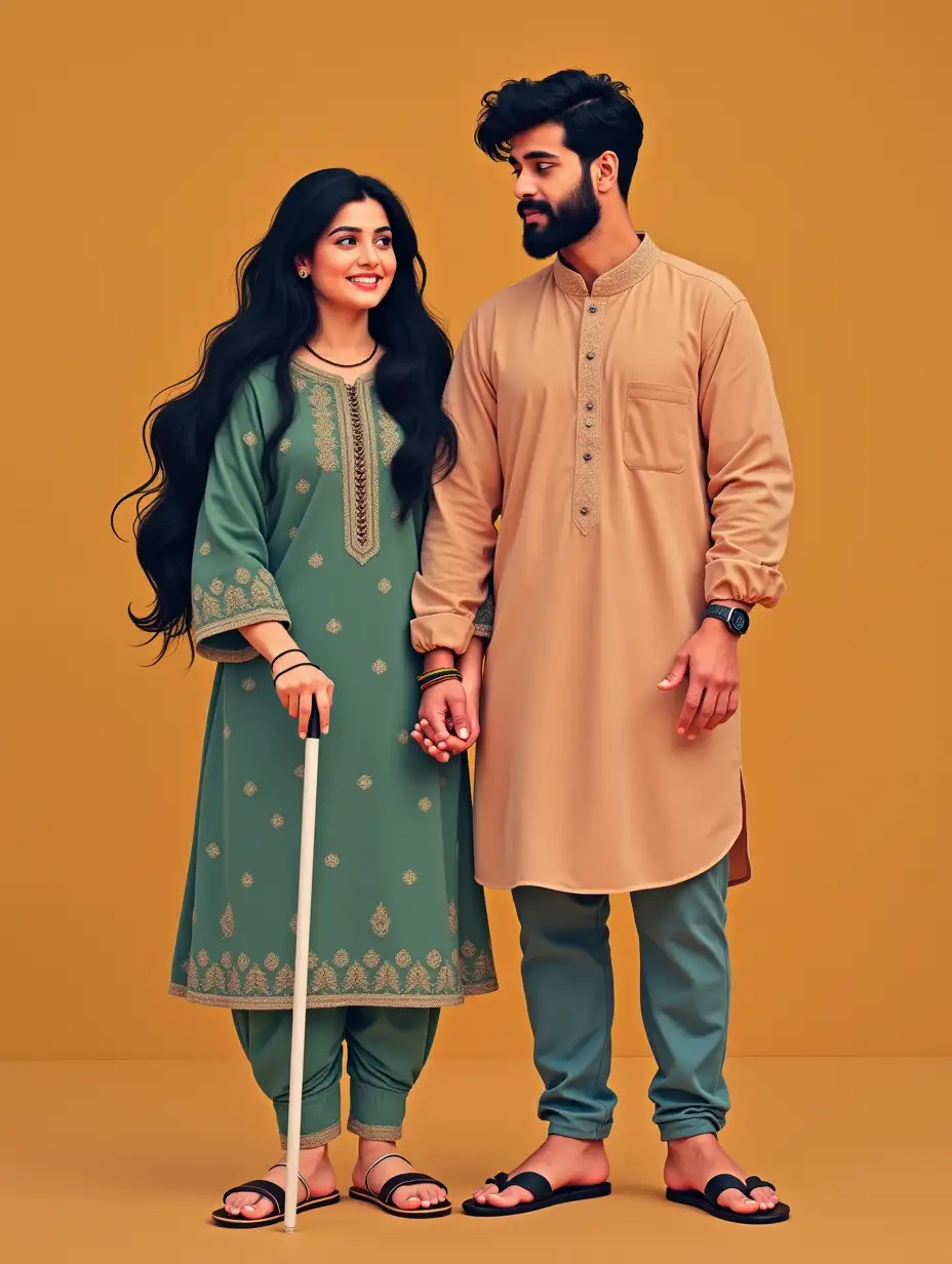 A blind girl standing. She is wearing beautiful salwar kammez in Indian style. She has beautiful long black hair. Her skin tone is fair and glowing. She is wearing beautiful sandals. She has white cane in her hand which is used by blind persons. Her boyfriend is standing beside her by holding her hand to guide her. Her body friend is wearing beautiful shirt and pant and looking very smart and handsome. Use the background of beautiful marriage ceremony decoration.