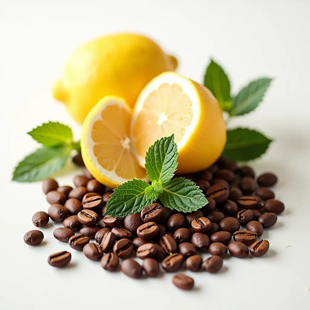 A realistic and sharp image featuring a composition of whole coffee beans, two fresh lemons (one halved to reveal its juicy texture), and several vibrant mint leaves. The items are artfully arranged on a clean surface to create an elegant and visually appealing presentation. The lighting should be soft and natural, with a slight focus on the textures of the coffee beans, the zest of the lemons, and the freshness of the mint leaves. The scene is designed to exude sophistication and freshness, perfect for a modern advertisement. Ratio 1:1.