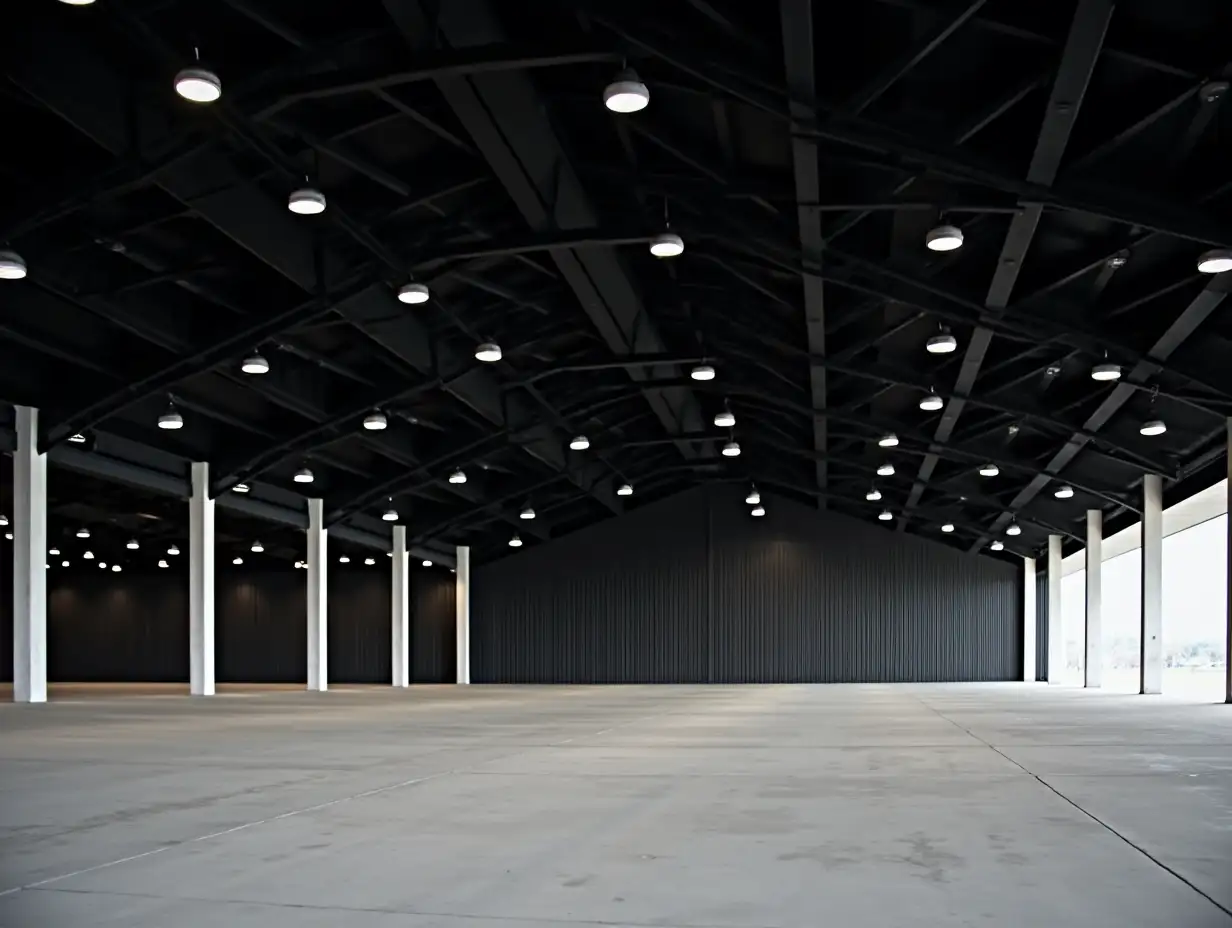 hangar with a high ceiling, black ceiling, round lamps, white pillars, concrete floor, no people